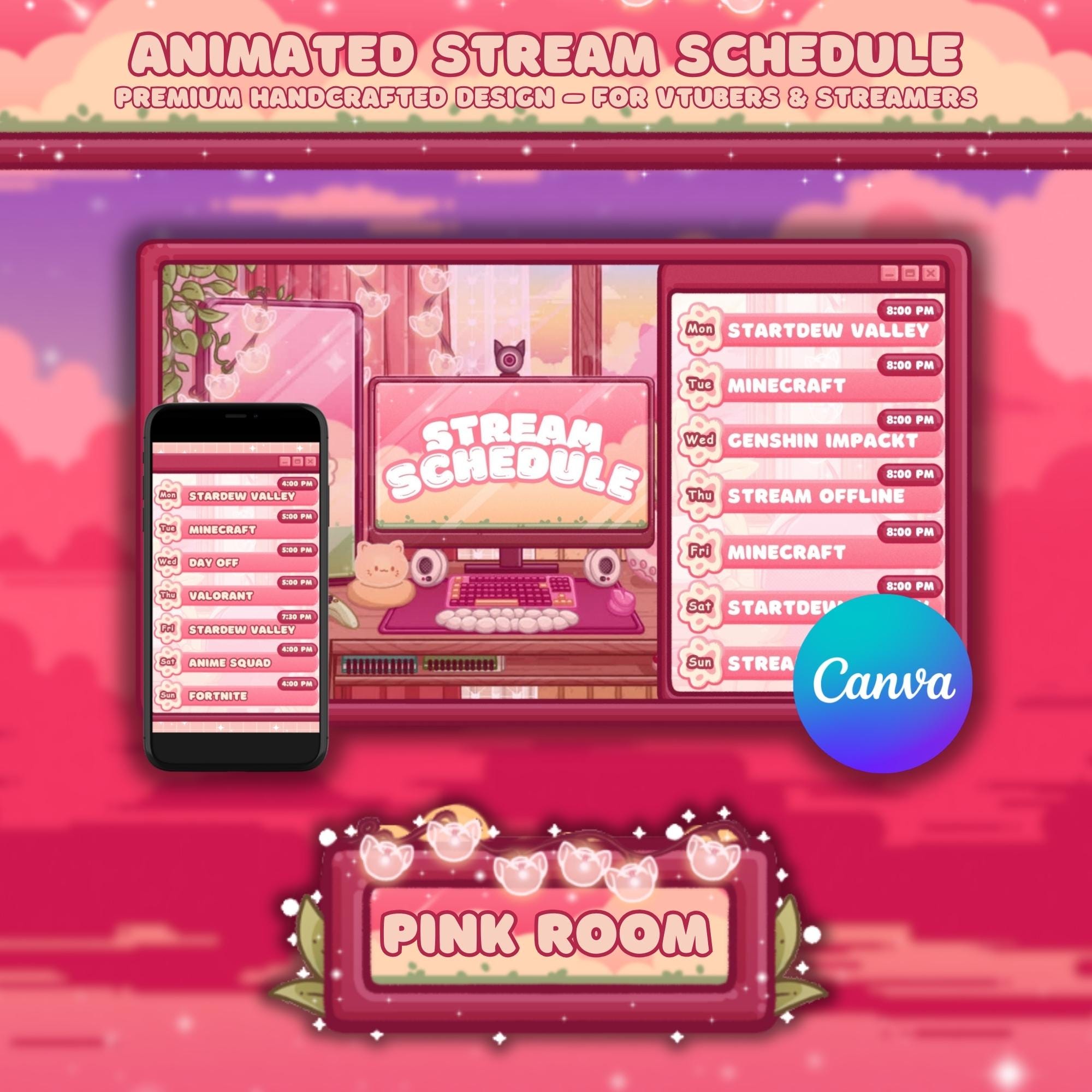 Animated Stream Schedule in Pink Lofi Theme, Customizable Templates