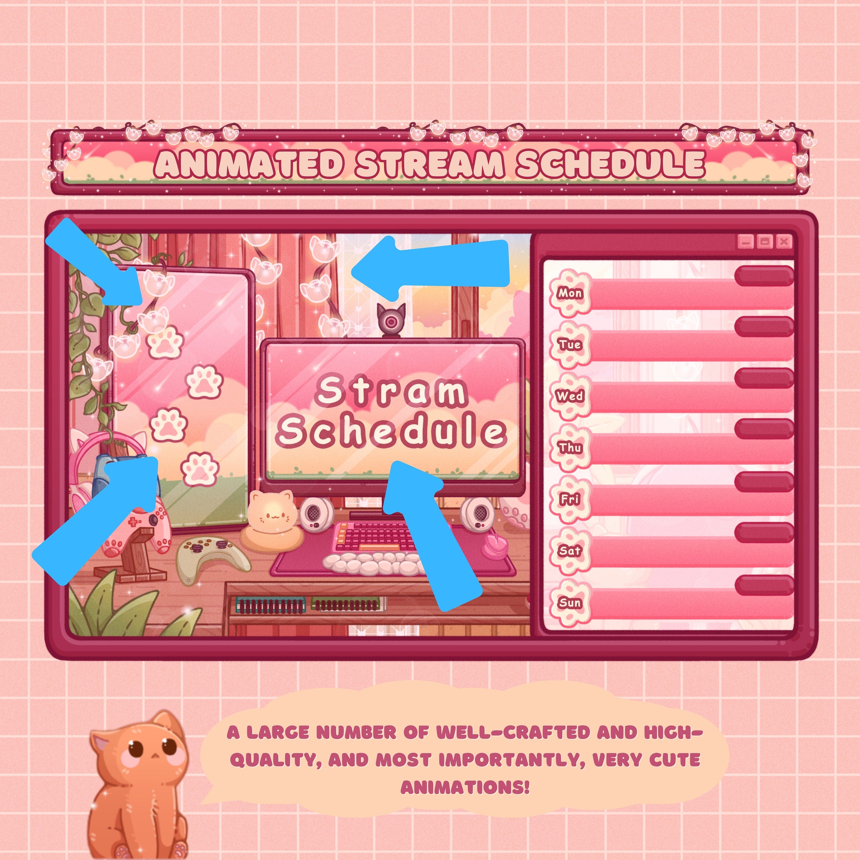 Animated Stream Schedule in Pink Lofi Theme, Customizable Templates