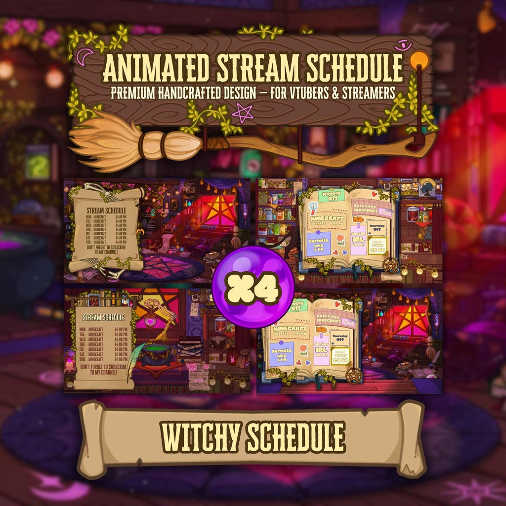 Animated Stream Schedule - Cozy Witch, 4 Customizable Templates