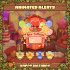 Animated birthday-themed Twitch alerts. 7 alerts for followers, subs, donations. Works with OBS, Streamlabs & StreamElements. Handcrafted, no AI.