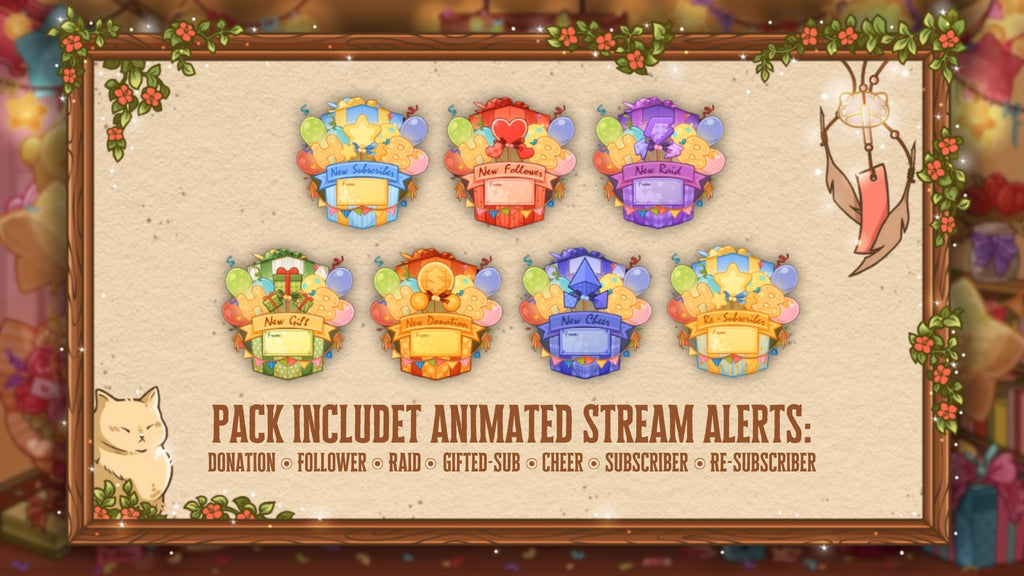Animated birthday-themed Twitch alerts. 7 alerts for followers, subs, donations. Works with OBS, Streamlabs & StreamElements. Handcrafted, no AI.