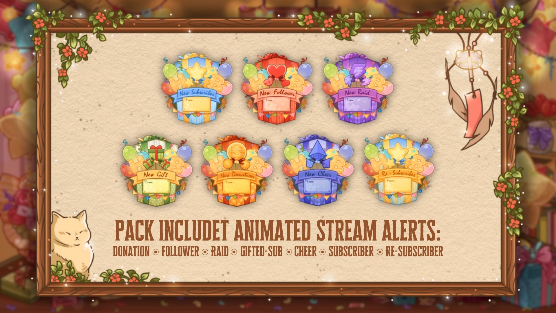 Animated birthday-themed Twitch alerts. 7 alerts for followers, subs, donations. Works with OBS, Streamlabs & StreamElements. Handcrafted, no AI.