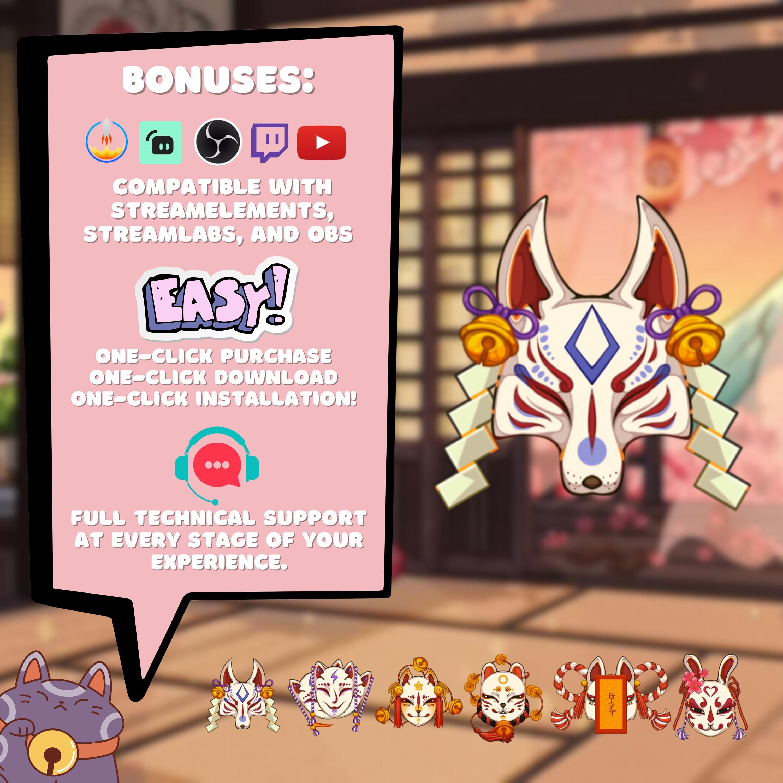 Animated Twitch Alerts Set - Cute Japanese masks: Cozy Pack for New Follower, Donation, Raid | Kawaii Stream Alerts