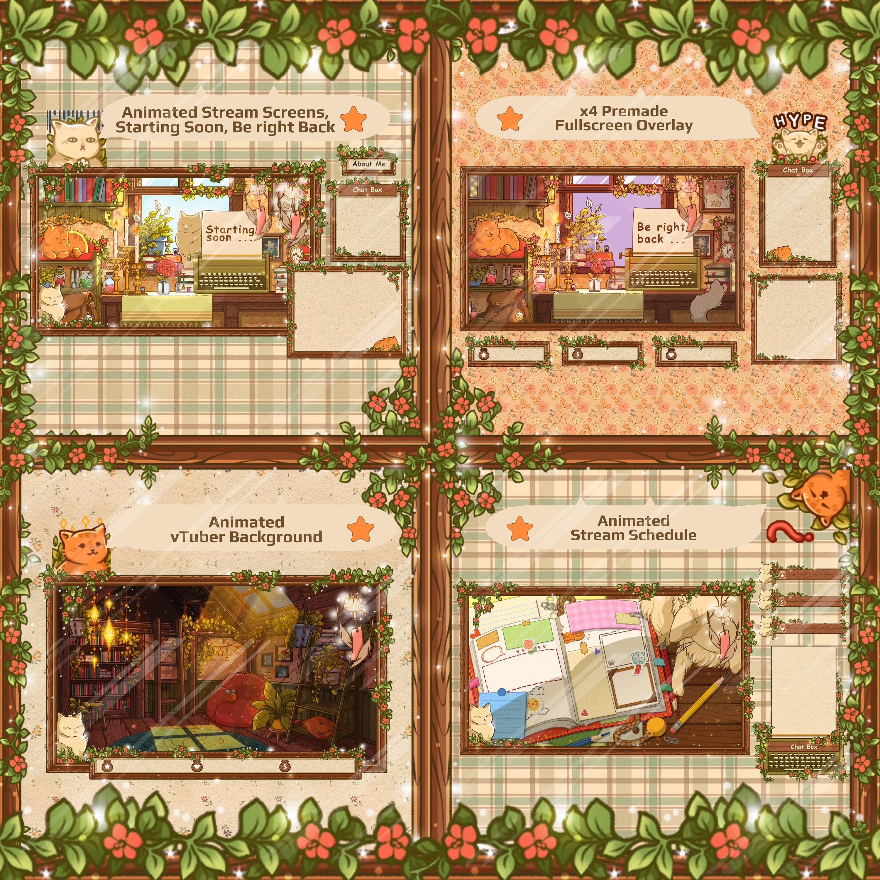 Animated Stream Overlay Pro Package: Cozy Cats