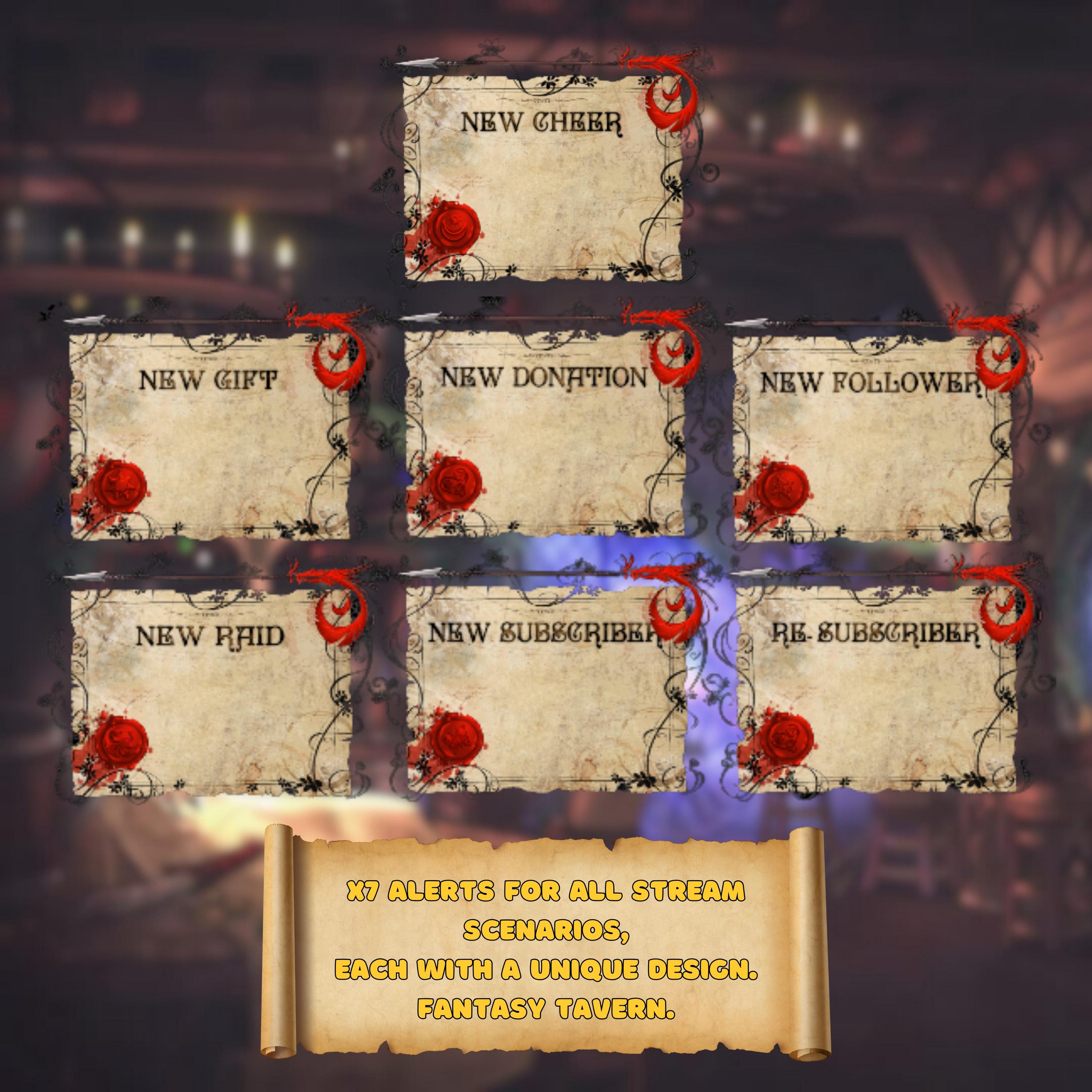 Animated Stream Alerts Pack in Medieval Fantasy Tavern Theme