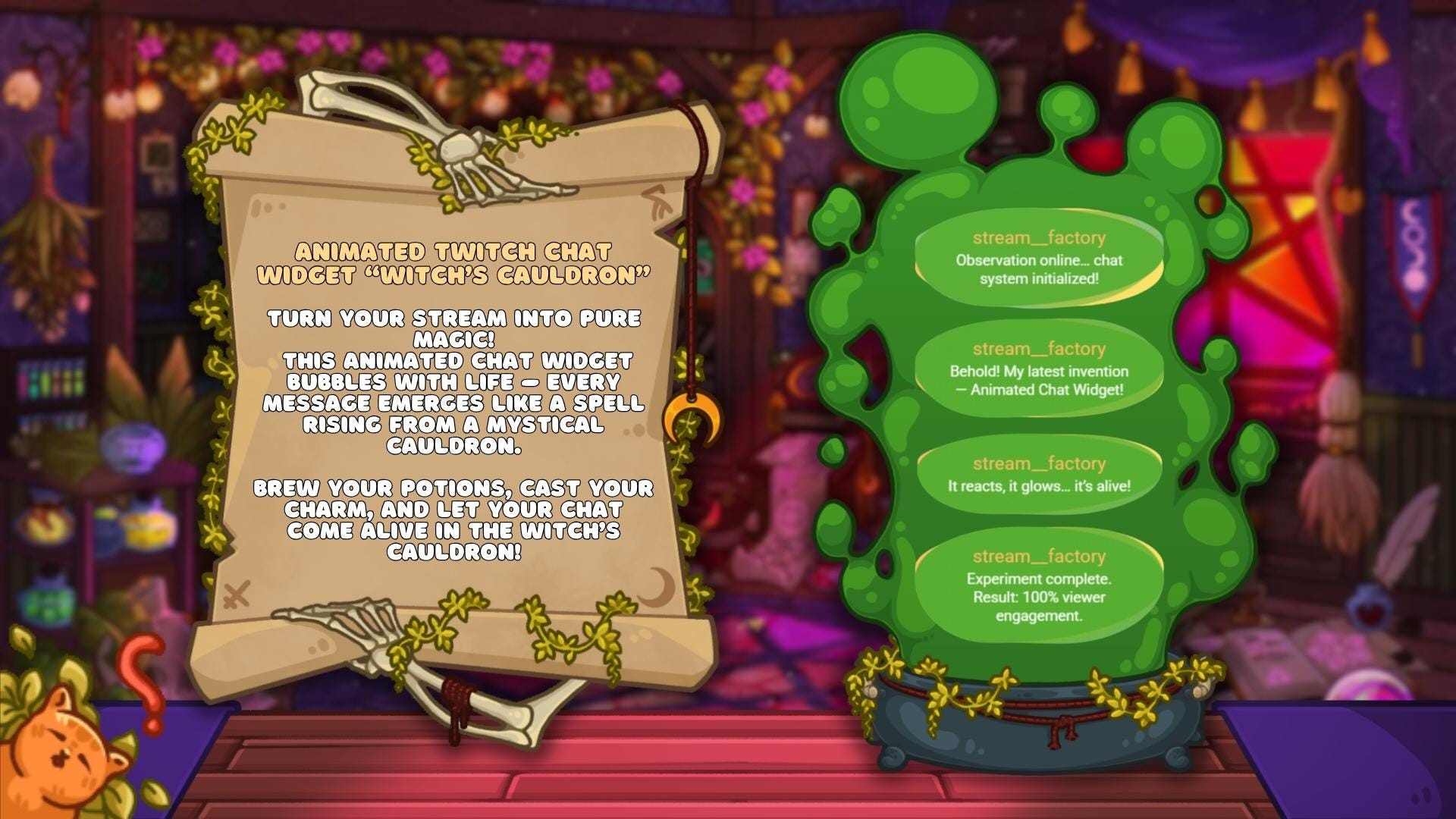 Animated Halloween Chat Widget – Witch’s Cauldron & Potion Bubbles