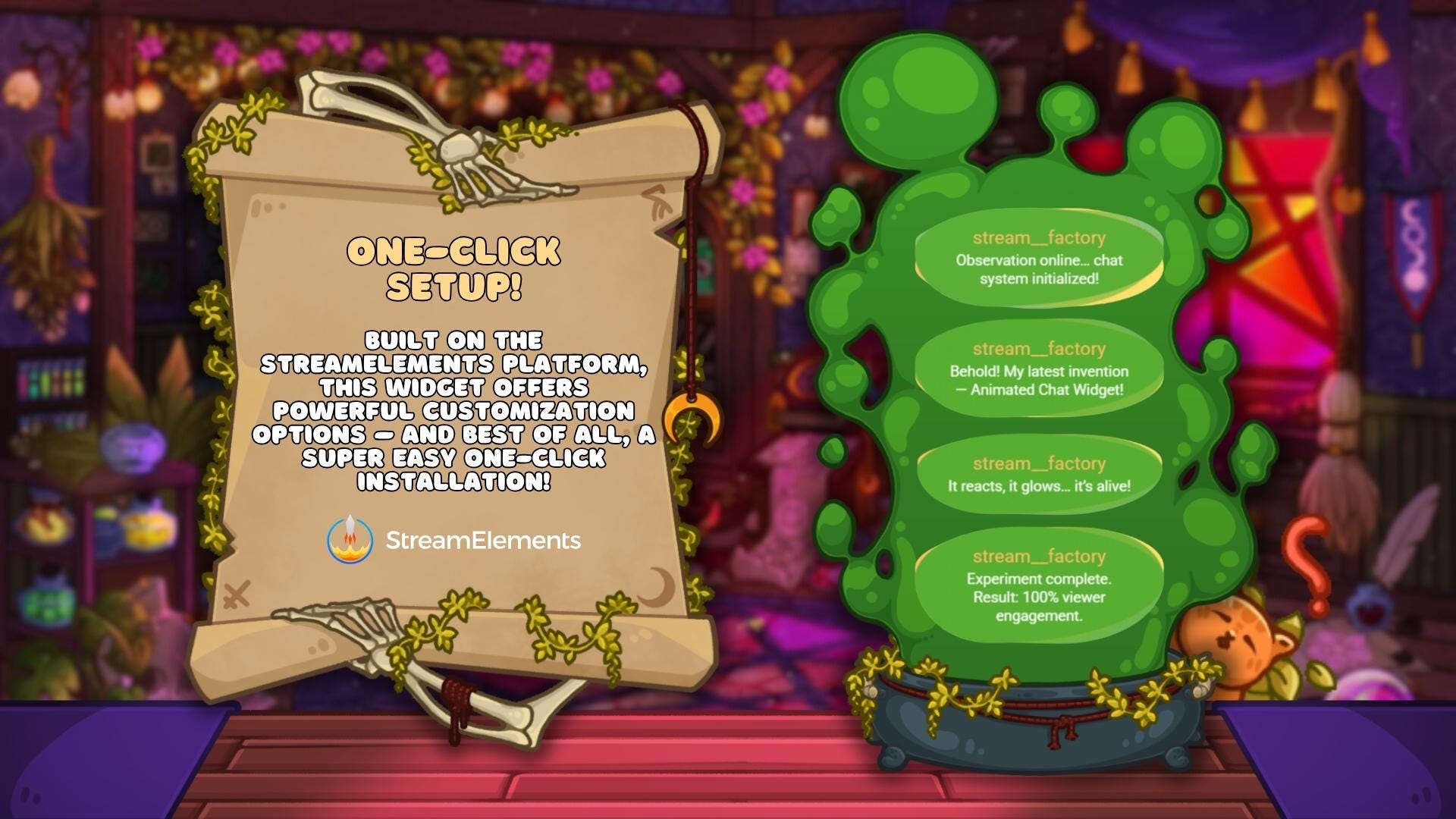 Animated Halloween Chat Widget – Witch’s Cauldron & Potion Bubbles
