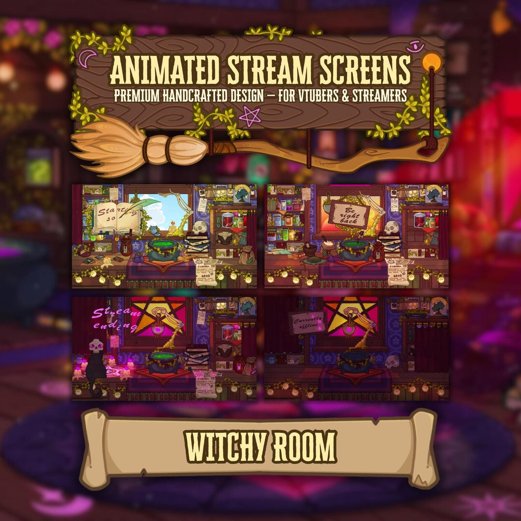 Animated Stream Screens in Cozy Witch Room Theme