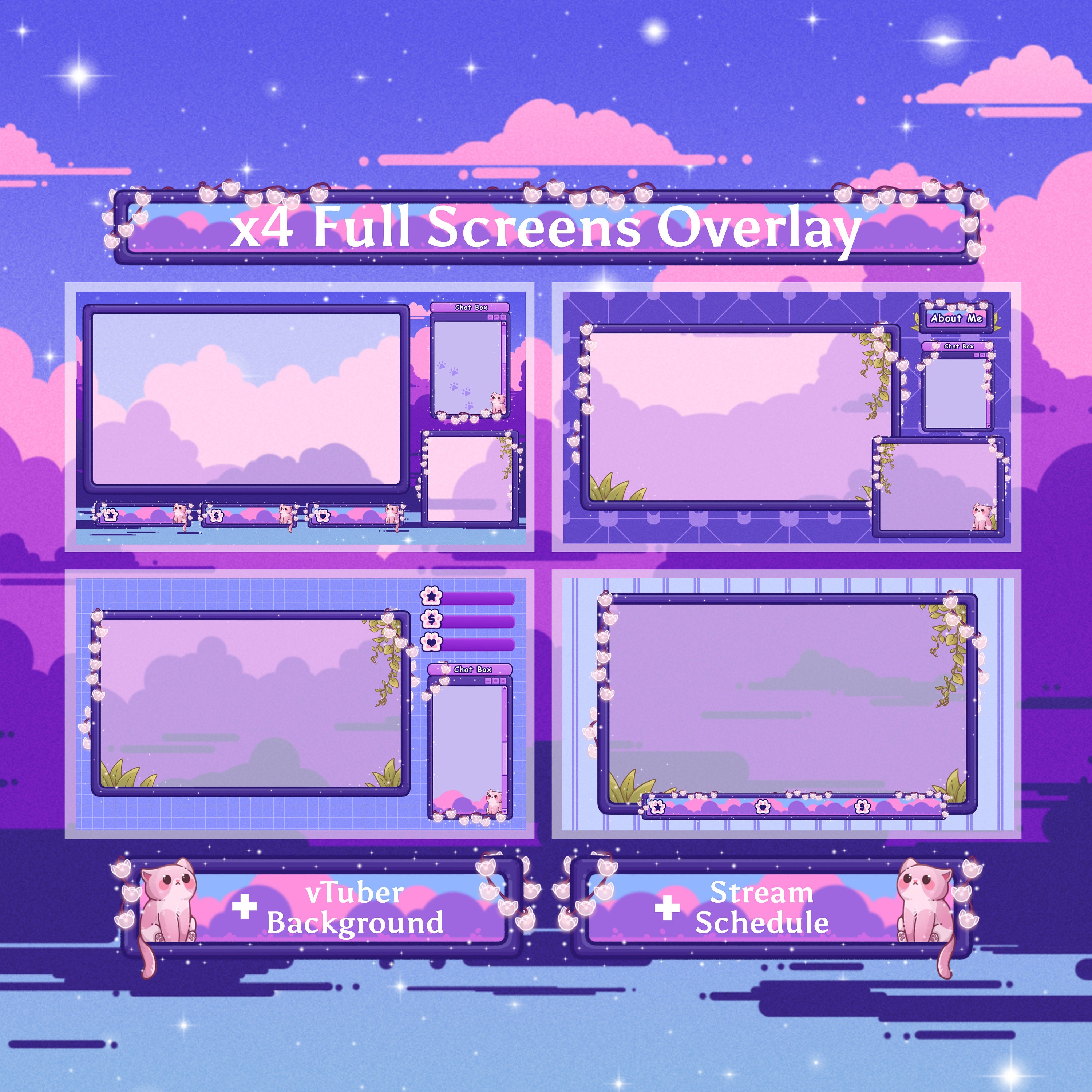 Animated Stream Overlay Boost Pack - Cozy Purple Lofi Theme