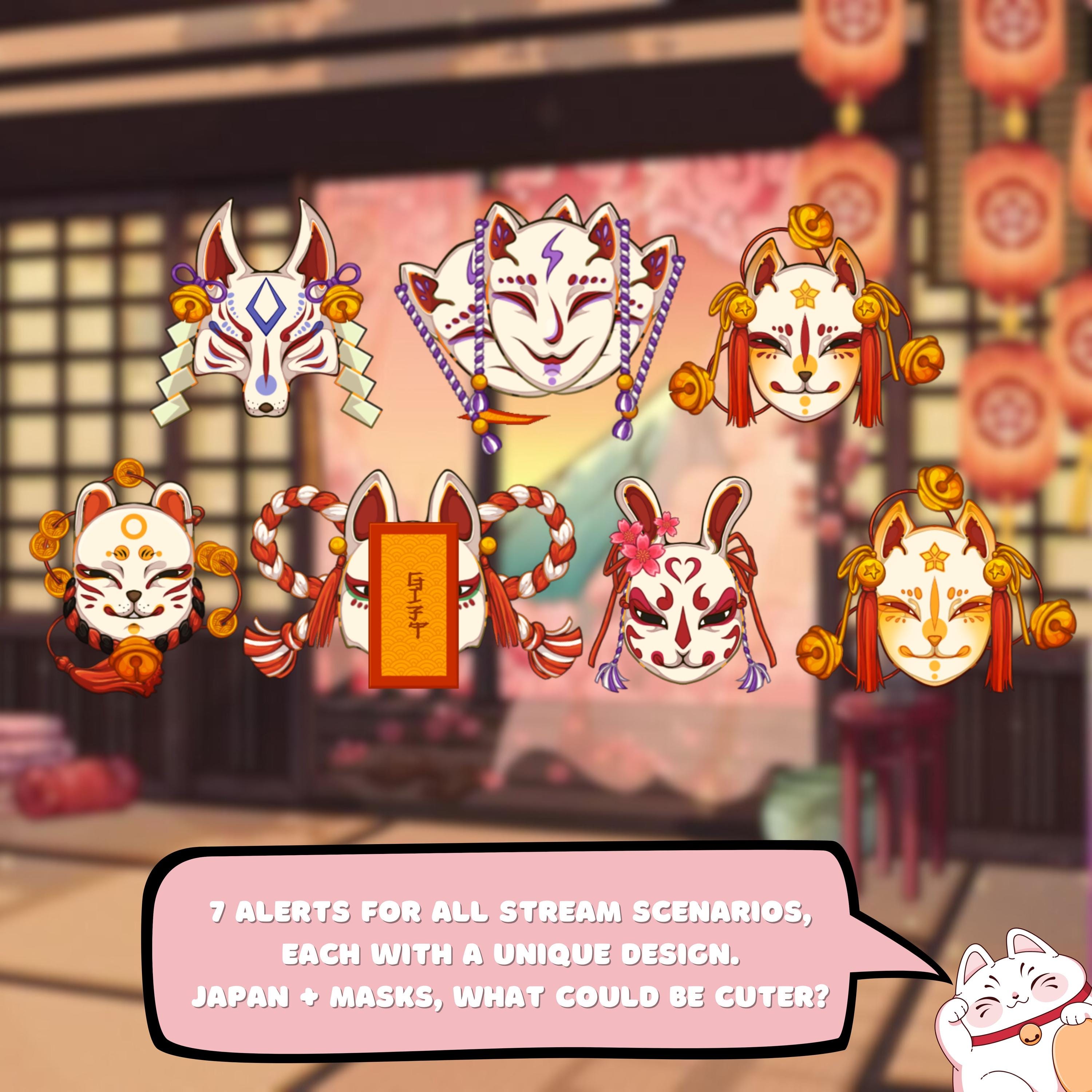 Animated Twitch Alerts Set - Cute Japanese masks: Cozy Pack for New Follower, Donation, Raid | Kawaii Stream Alerts