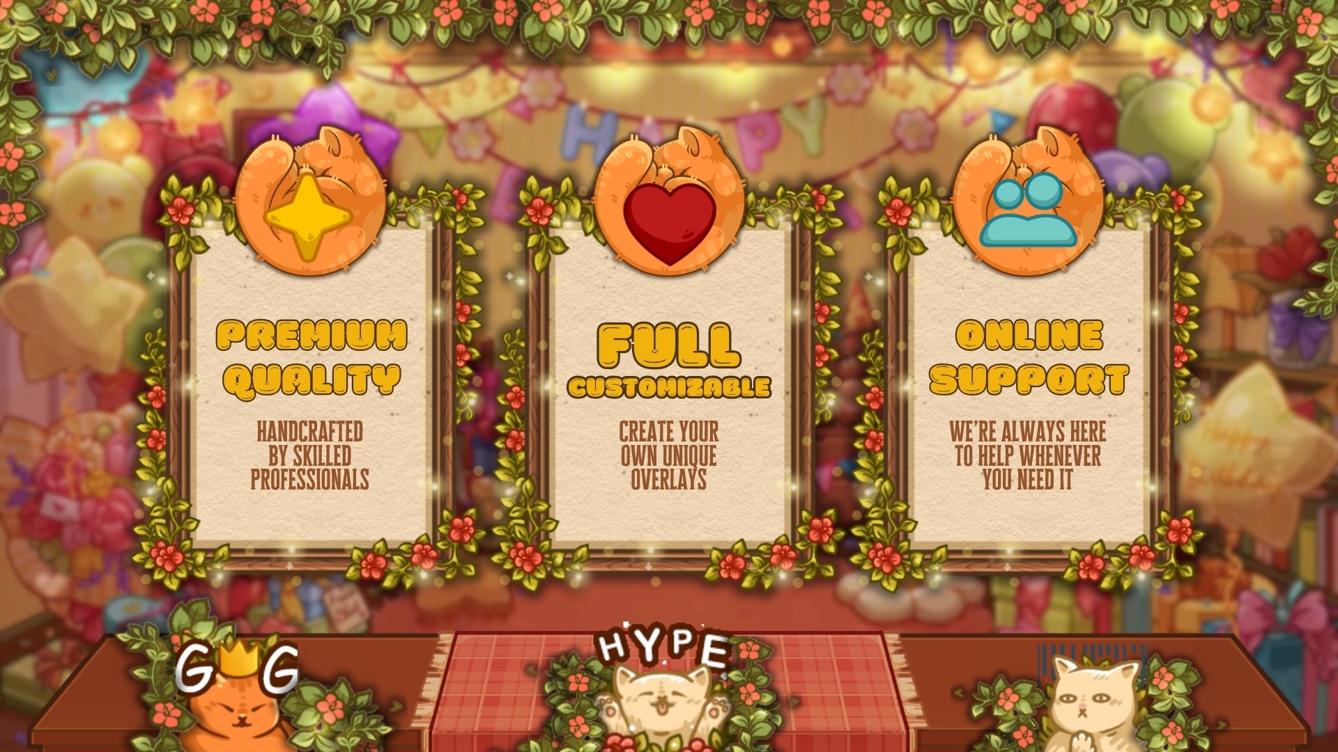 Animated birthday-themed Twitch alerts. 7 alerts for followers, subs, donations. Works with OBS, Streamlabs & StreamElements. Handcrafted, no AI.