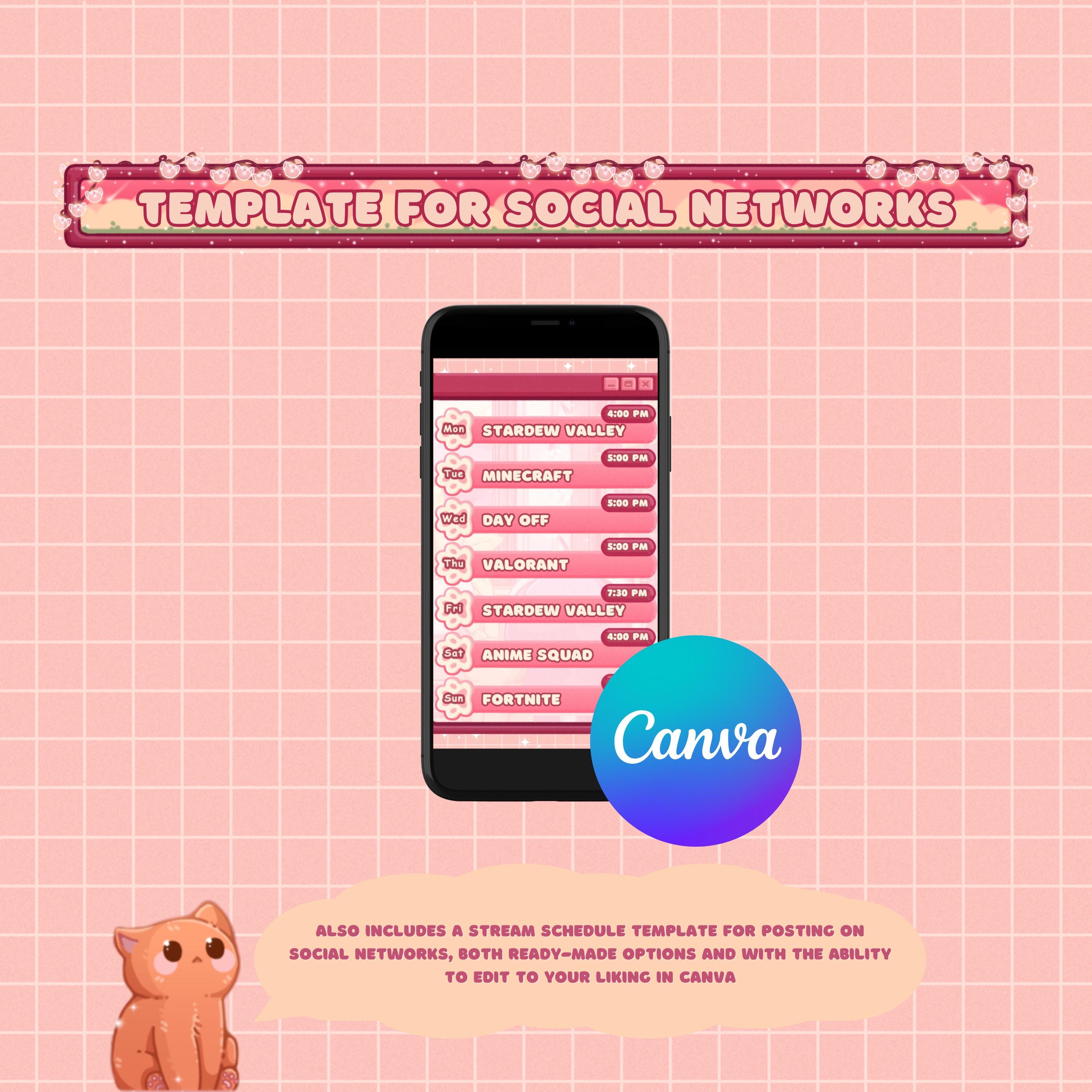 Animated Stream Schedule in Pink Lofi Theme, Customizable Templates