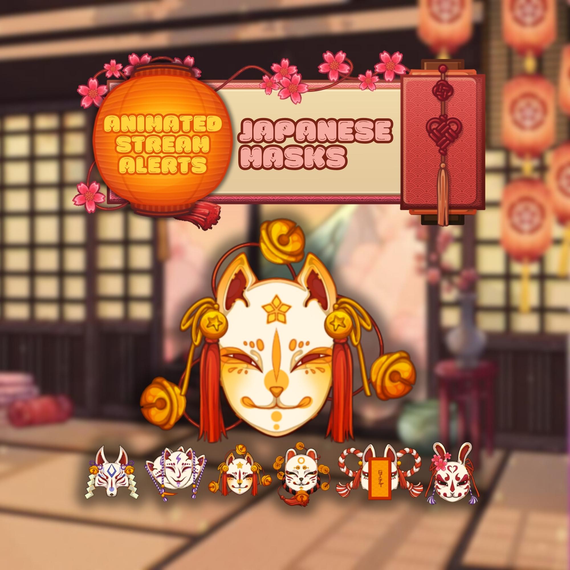 Animated Twitch Alerts Set - Cute Japanese masks: Cozy Pack for New Follower, Donation, Raid | Kawaii Stream Alerts