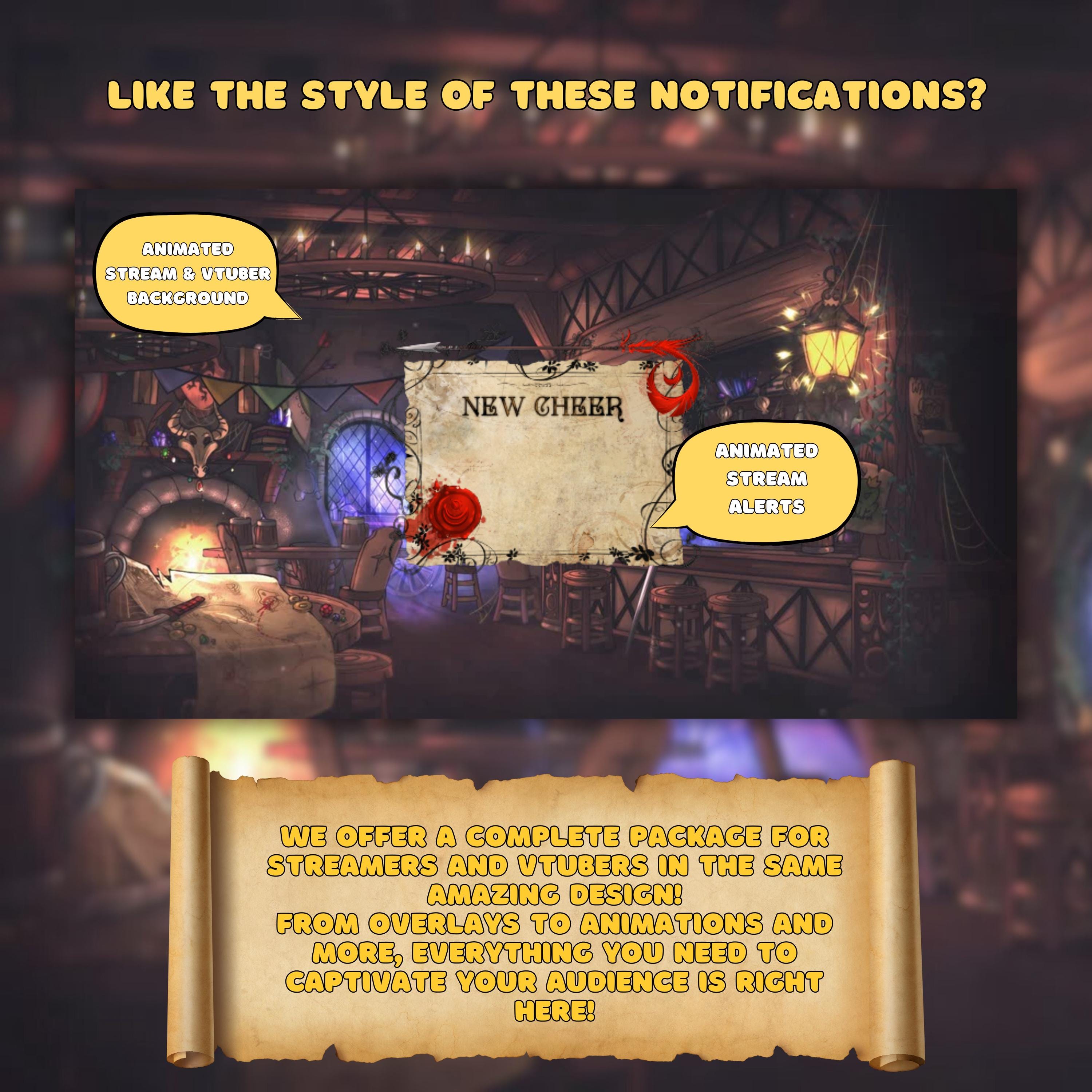 Animated Stream Alerts Pack in Medieval Fantasy Tavern Theme