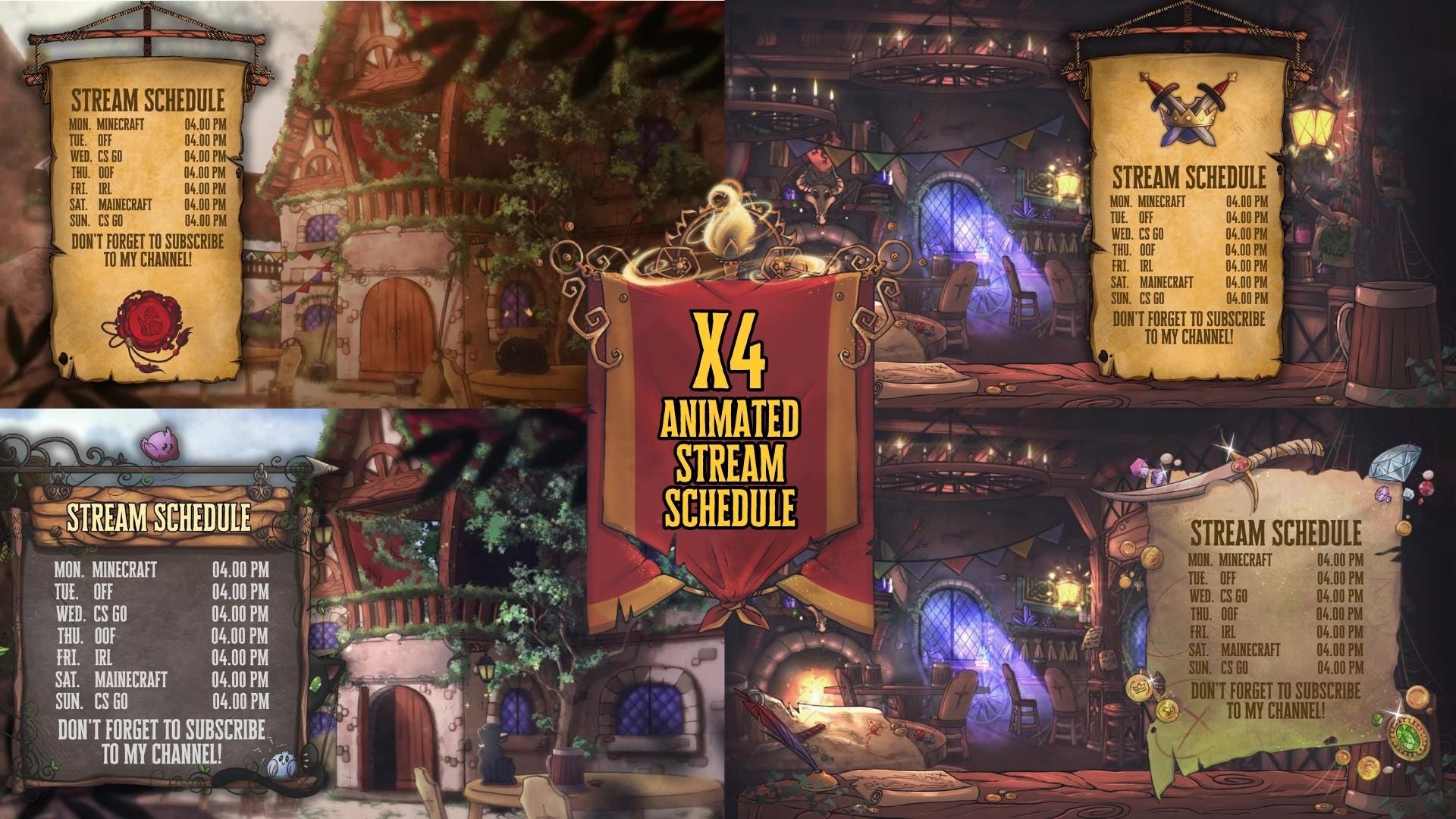 Animated Stream Schedule in Fantasy Tavern Theme, Customizable Templates