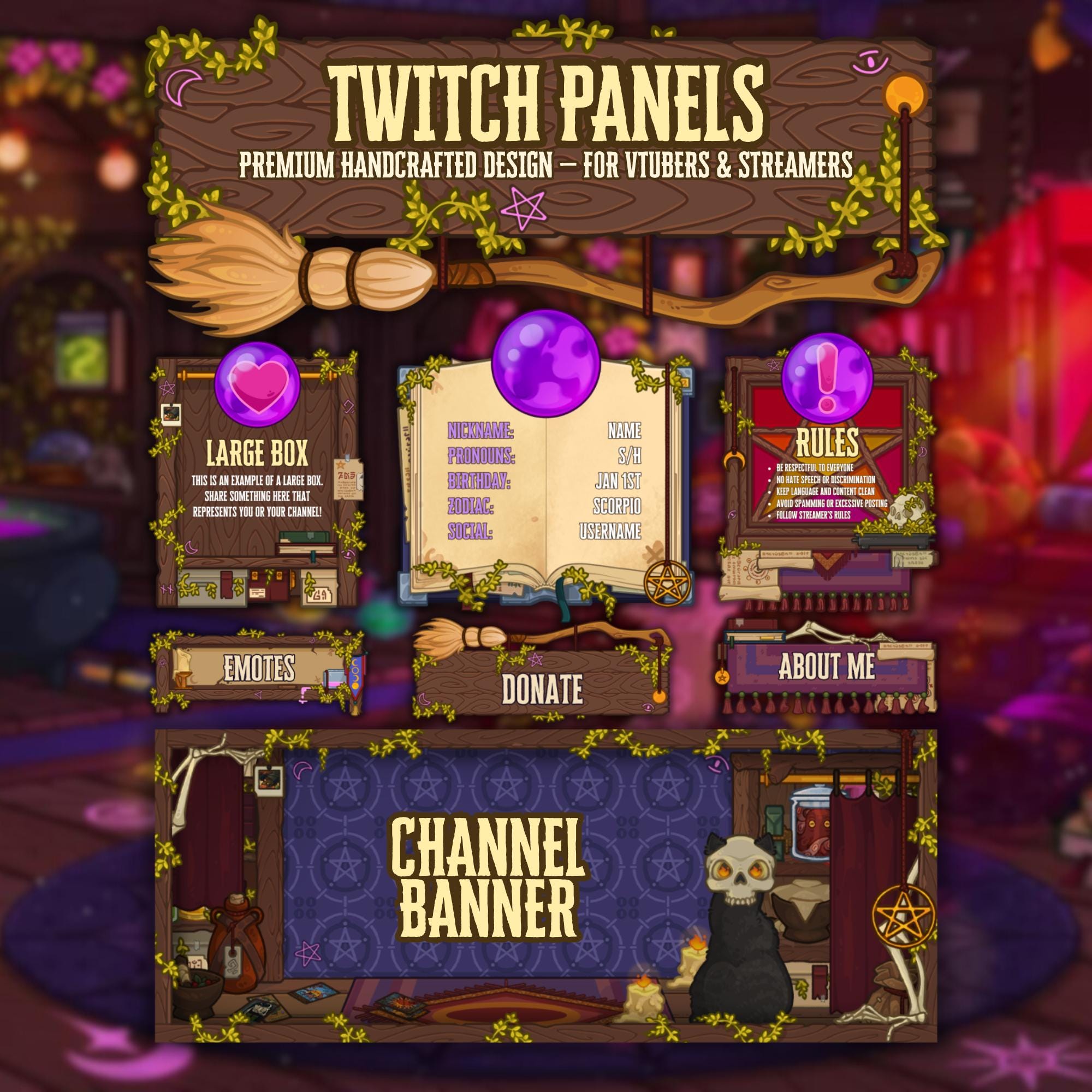 Twitch Panels & Banner Pack in Cozy Witch Style for Streamers & VTubers