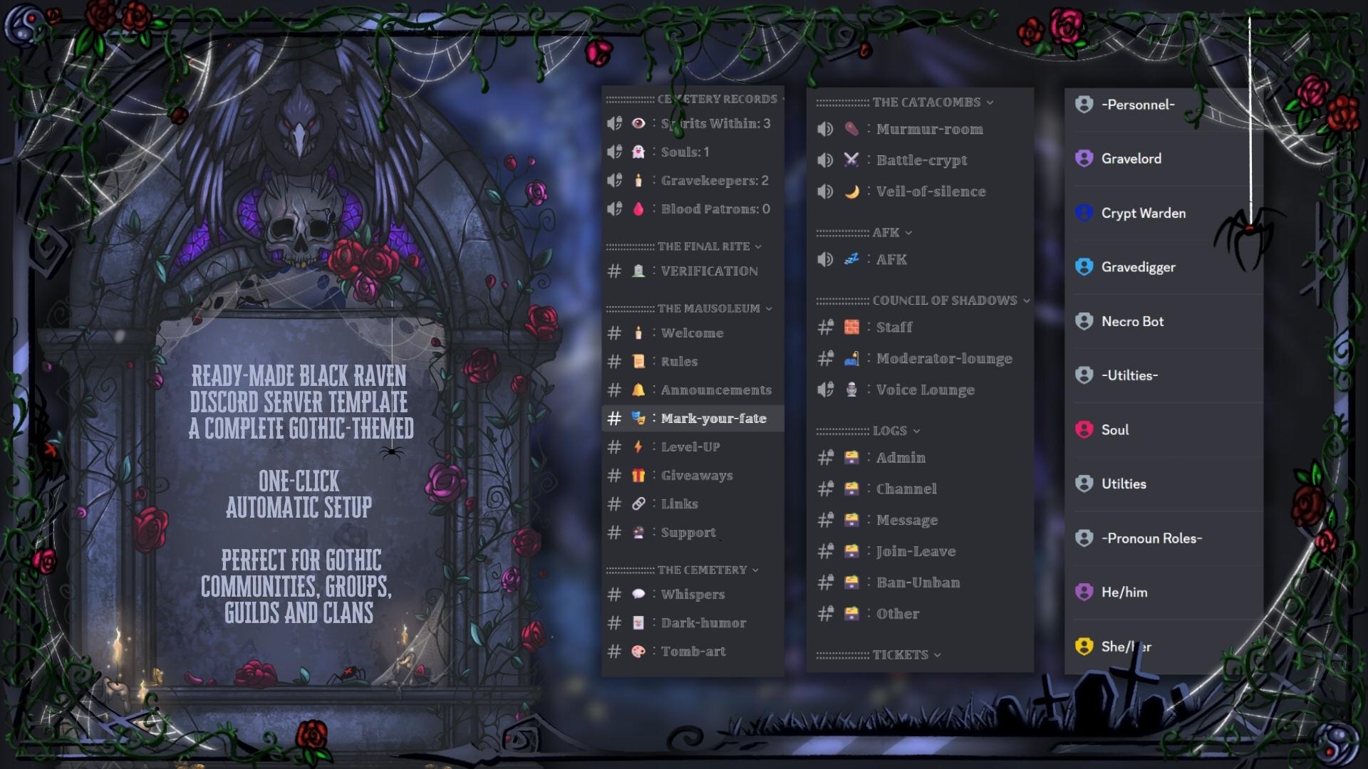 Dark Gothic Discord Server Template – Cute Gaming & Roleplay Setup
