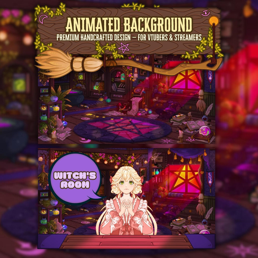 Halloween Witch Room Animated VTuber Background – Cozy Magical Stream Overlay for Twitch & YouTube
