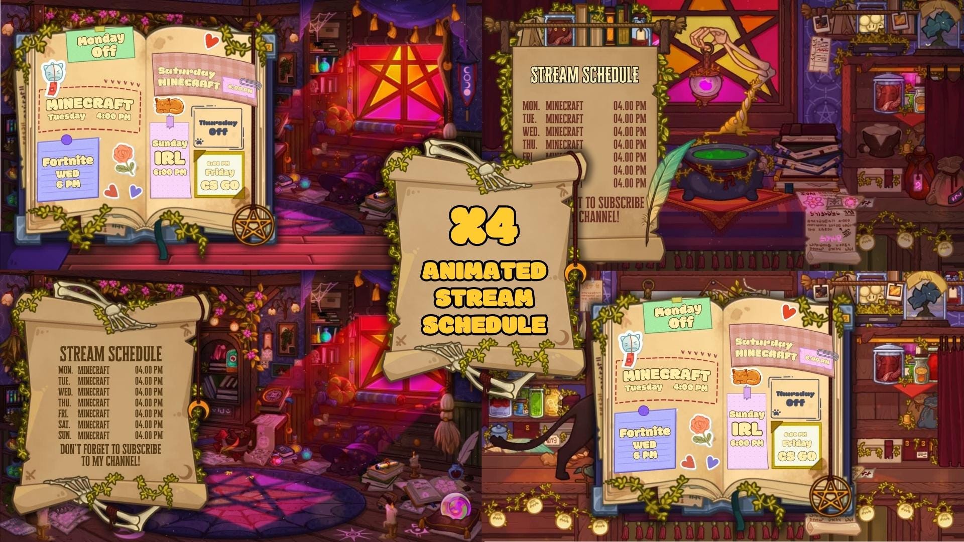 Animated Stream Schedule - Cozy Witch, 4 Customizable Templates