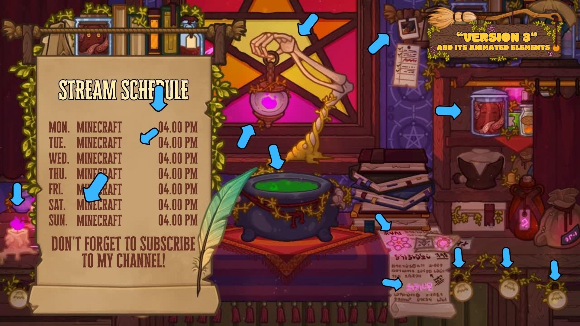 Animated Stream Schedule - Cozy Witch, 4 Customizable Templates