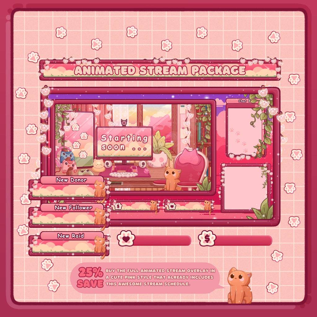 Animated Stream Schedule in Pink Lofi Theme, Customizable Templates