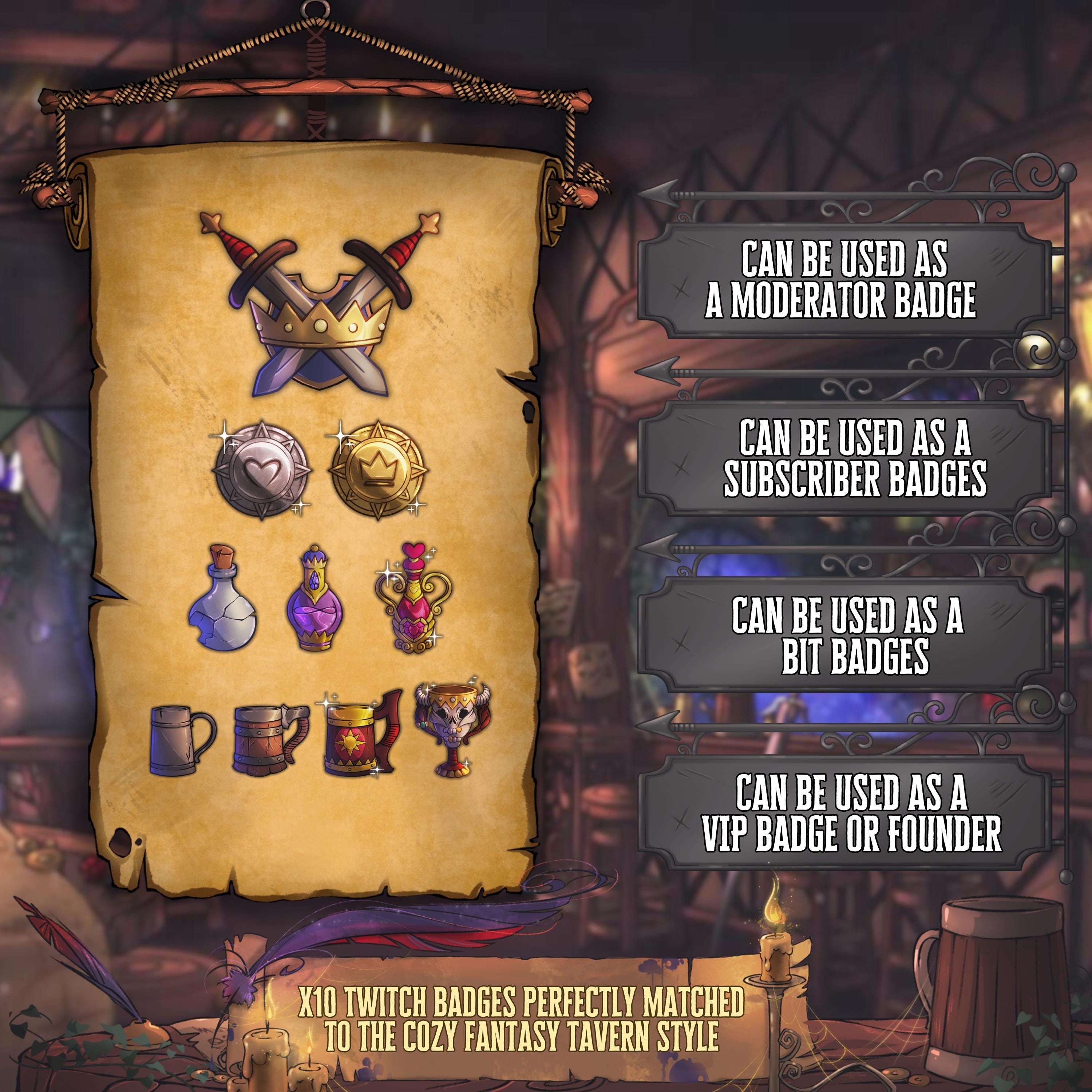 Twitch Badges Set | Fantasy Tavern Stream Icons + Channel Point | Cozy Medieval RPG Style for Streamers