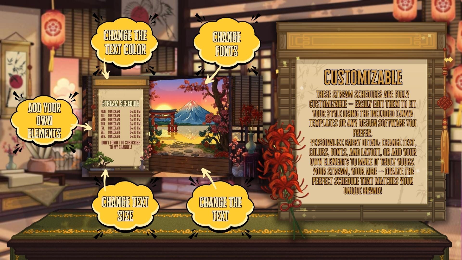 Animated Stream Schedule in Japanese Sakura Theme, Customizable Templates