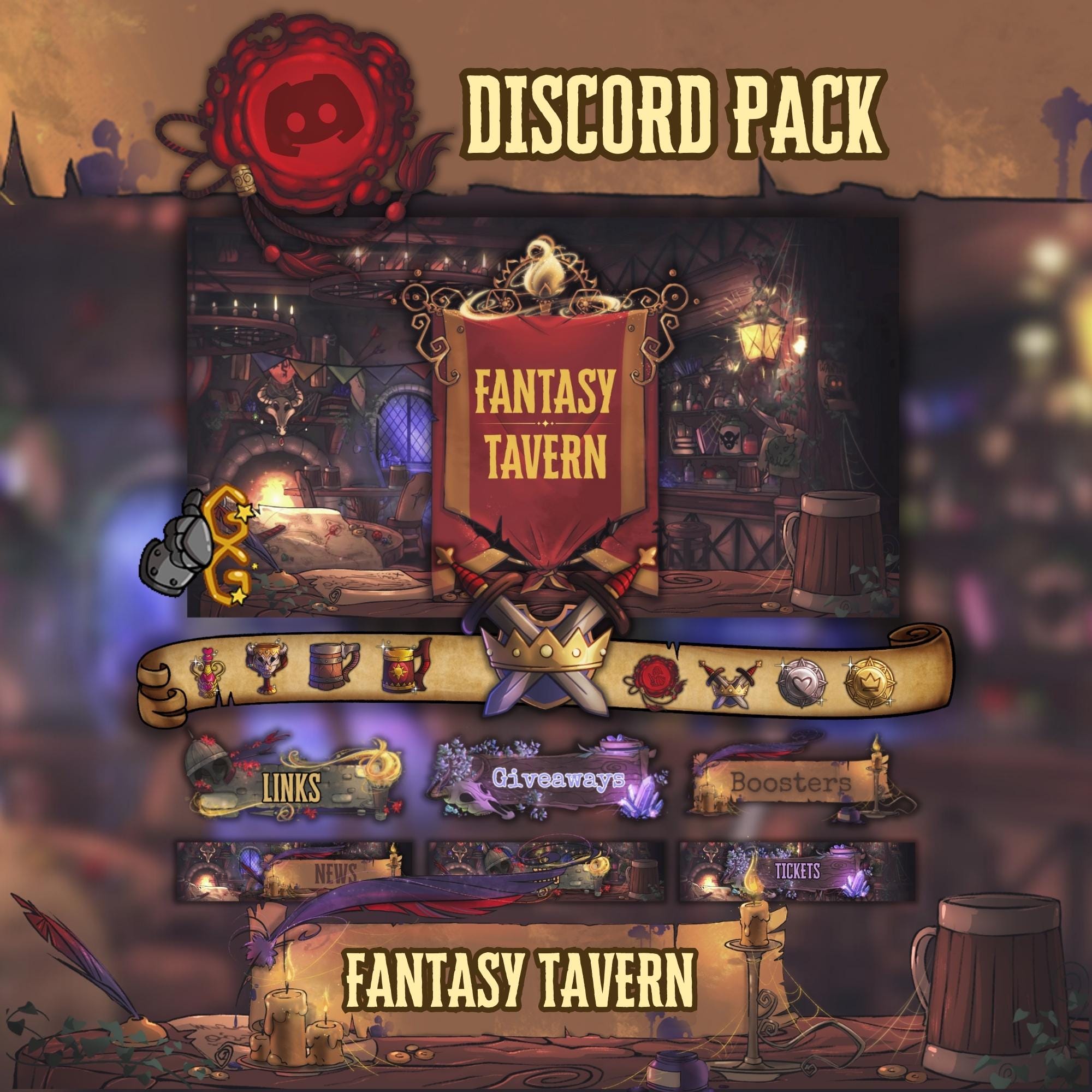 Fantasy Tavern Discord Pack | Pre-Made RPG & DnD Decoration | Discord Emotes | Discord Banner | Discord Panels