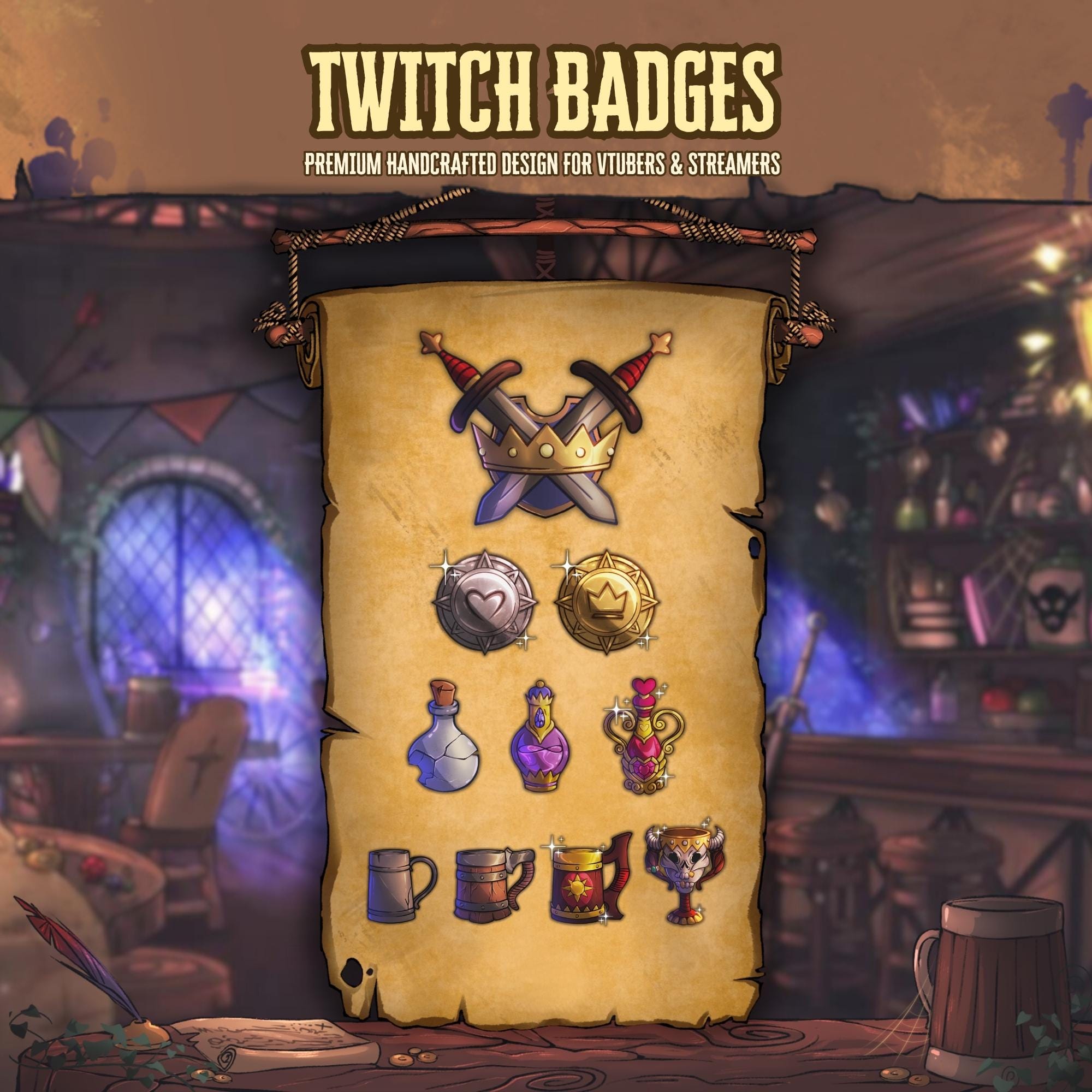 Twitch Badges Set | Fantasy Tavern Stream Icons + Channel Point | Cozy Medieval RPG Style for Streamers