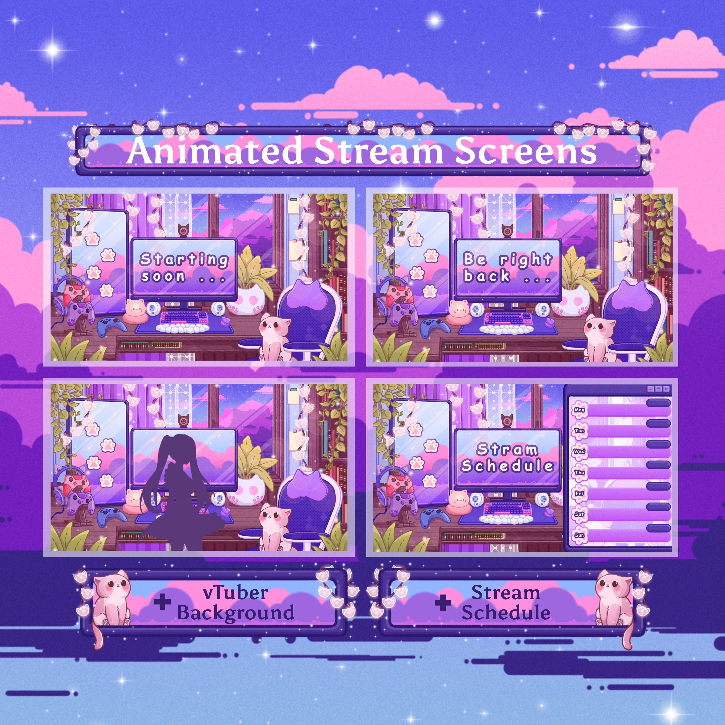 Animated Stream Overlay Boost Pack - Cozy Purple Lofi Theme