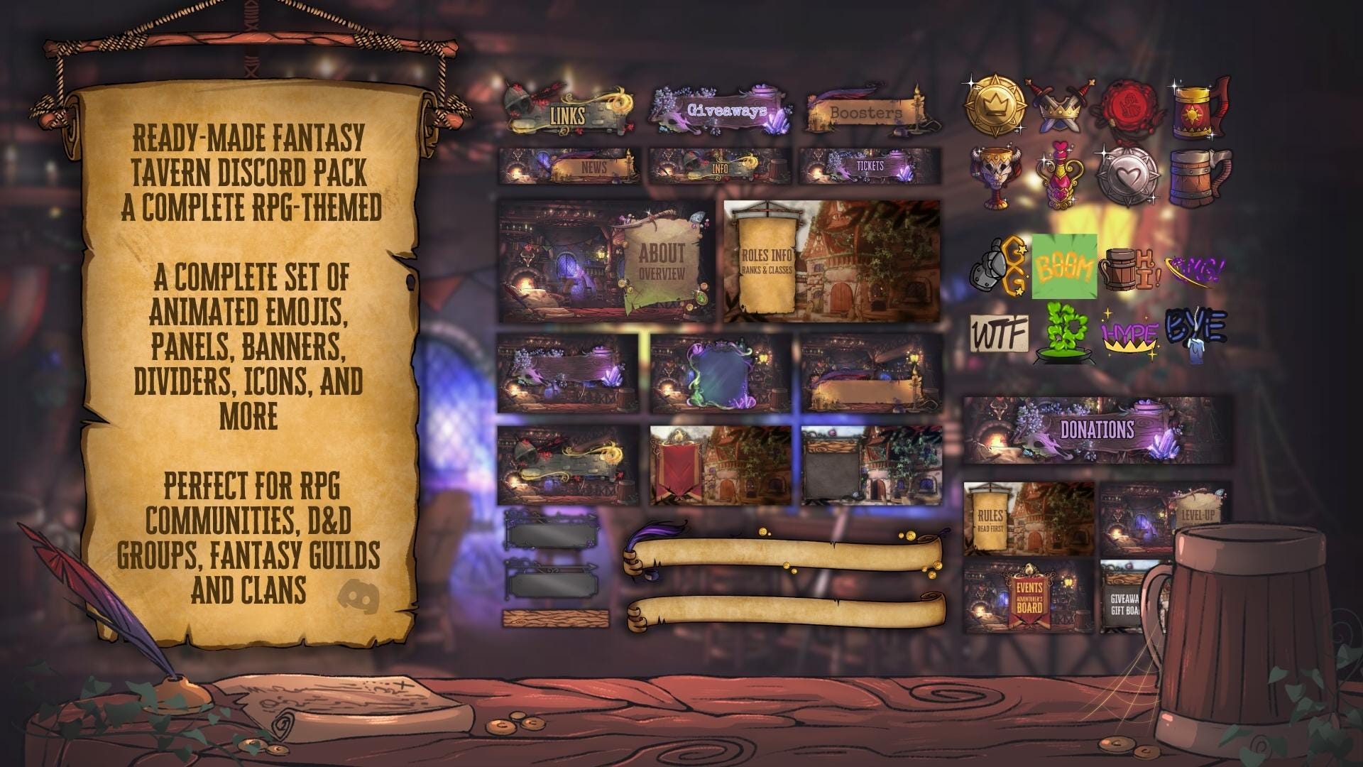 Fantasy Tavern Discord Pack | Pre-Made RPG & DnD Decoration | Discord Emotes | Discord Banner | Discord Panels