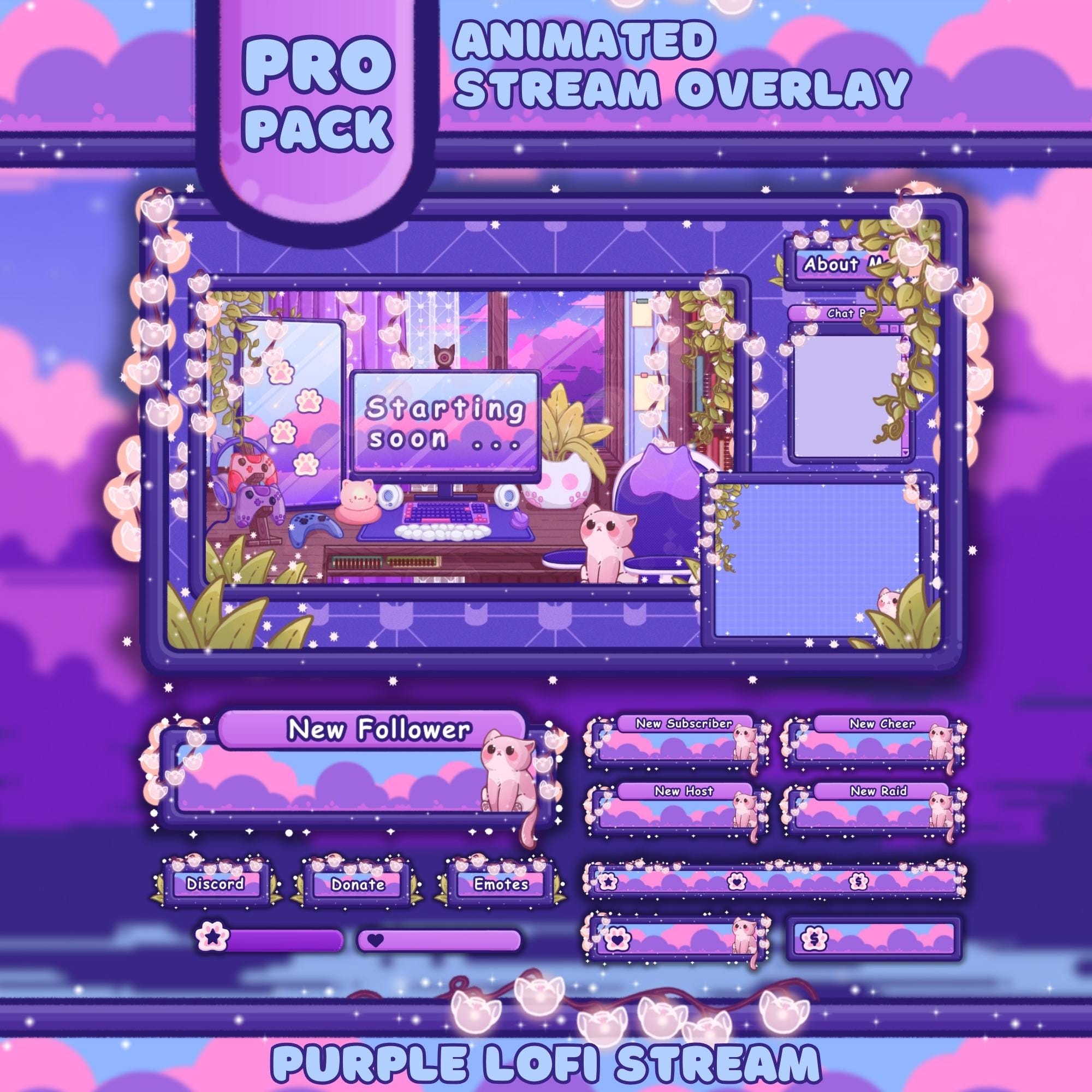 Animated Stream Overlay Boost Pack - Cozy Purple Lofi Theme