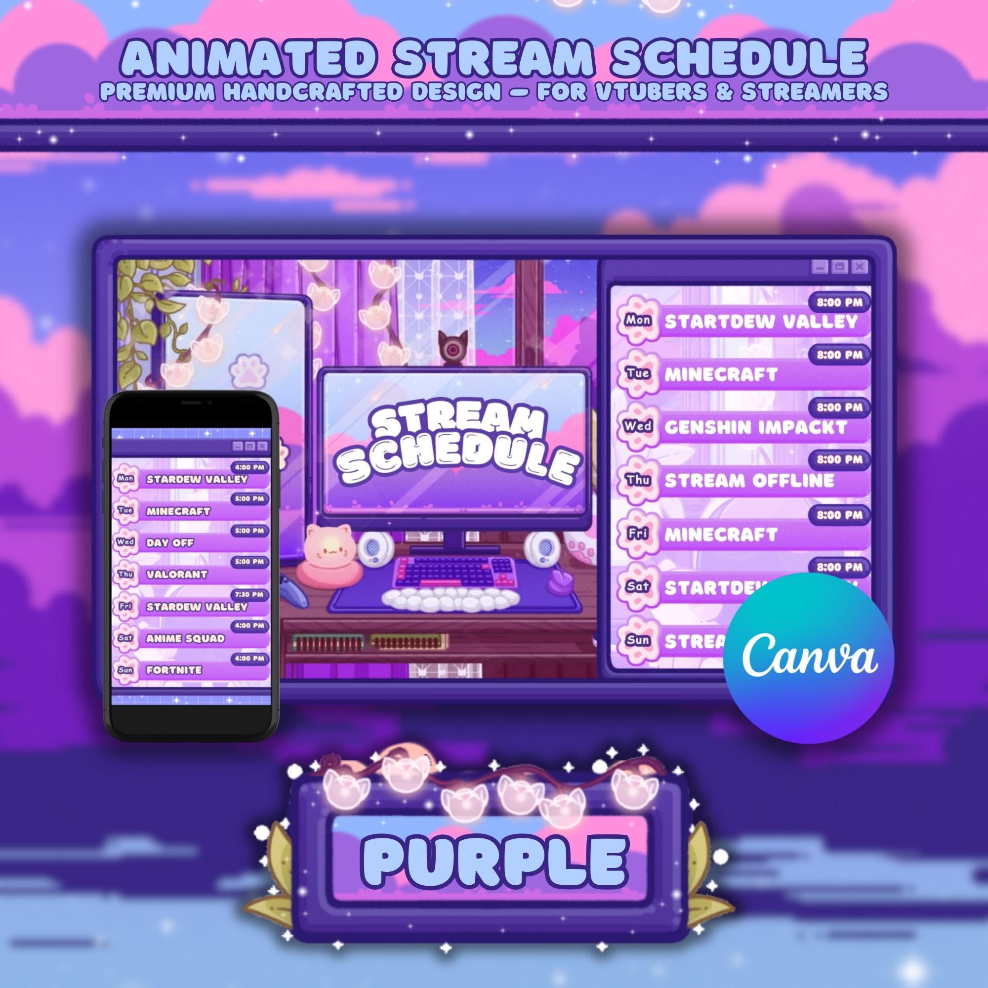 Animated Stream Schedule: Purple Lofi, Customizable Templates