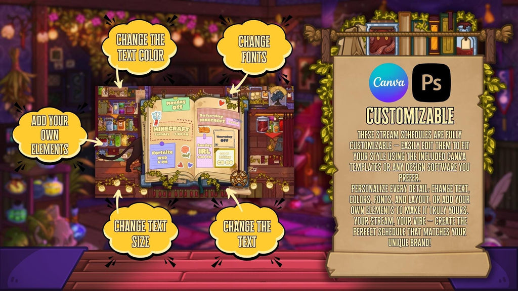 Animated Stream Schedule - Cozy Witch, 4 Customizable Templates