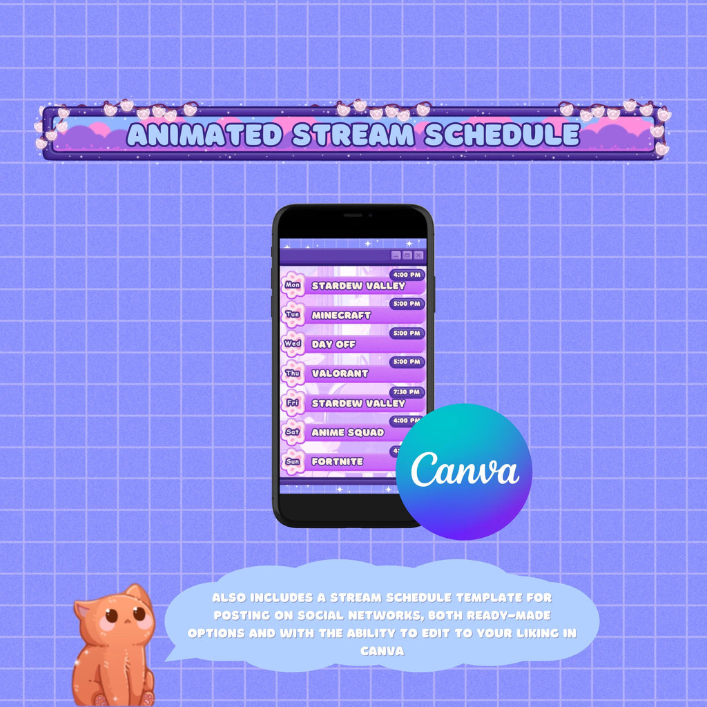 Animated Stream Schedule: Purple Lofi, Customizable Templates