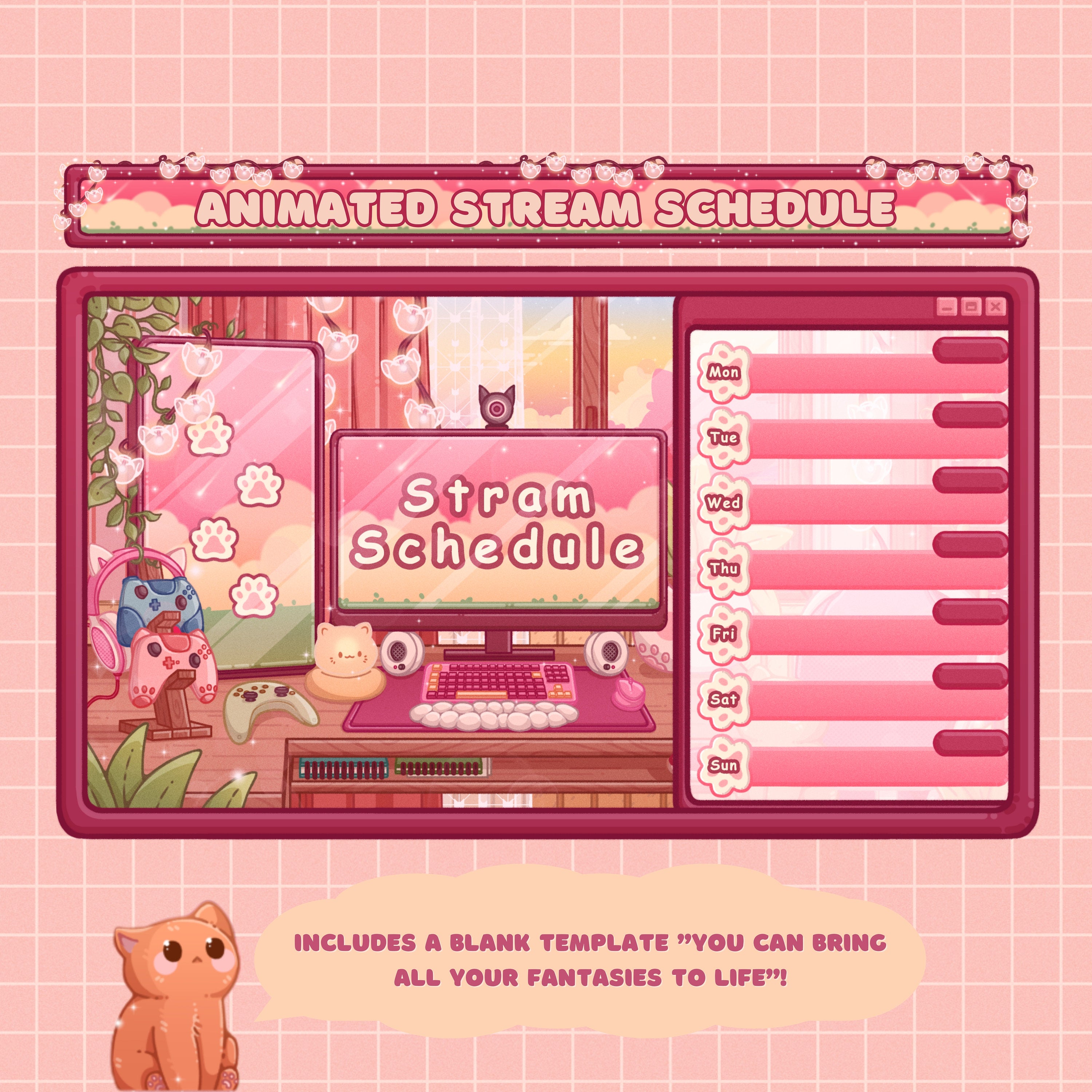 Animated Stream Schedule in Pink Lofi Theme, Customizable Templates