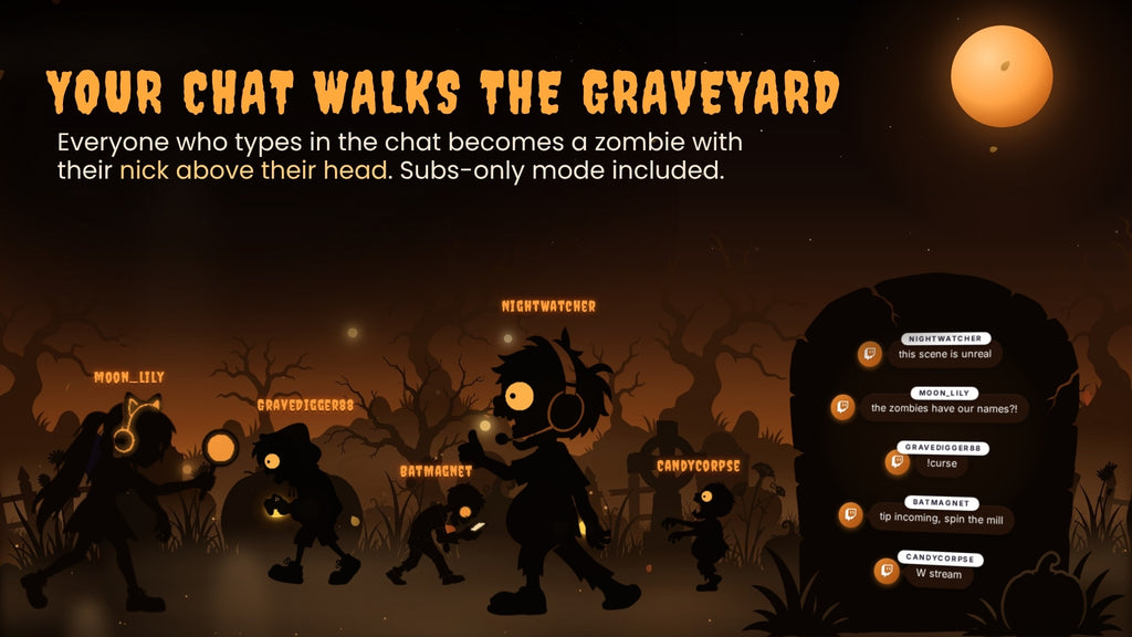 Interactive Halloween Stream Overlay — Zombies React to Chat, Curse Wheel, 4 Screens & Webcam Frame