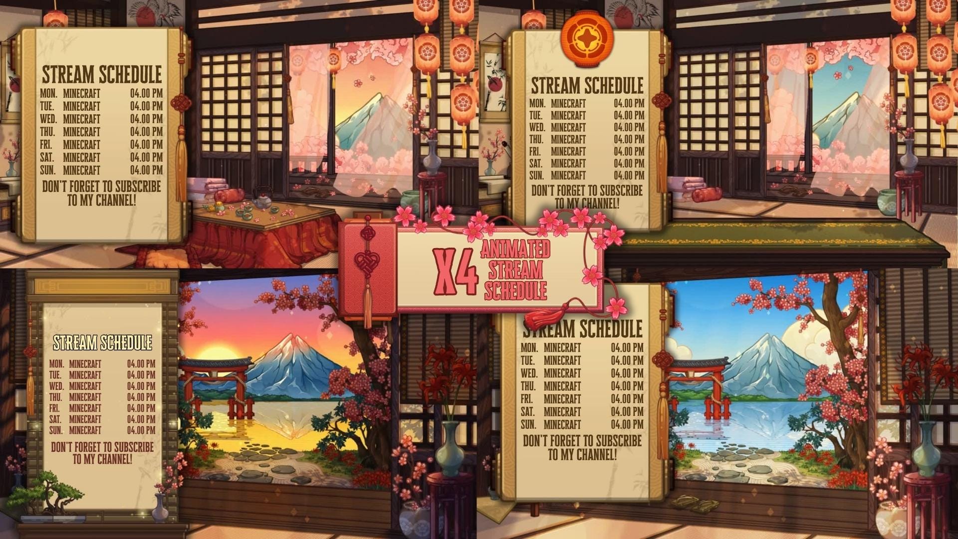 Animated Stream Schedule in Japanese Sakura Theme, Customizable Templates