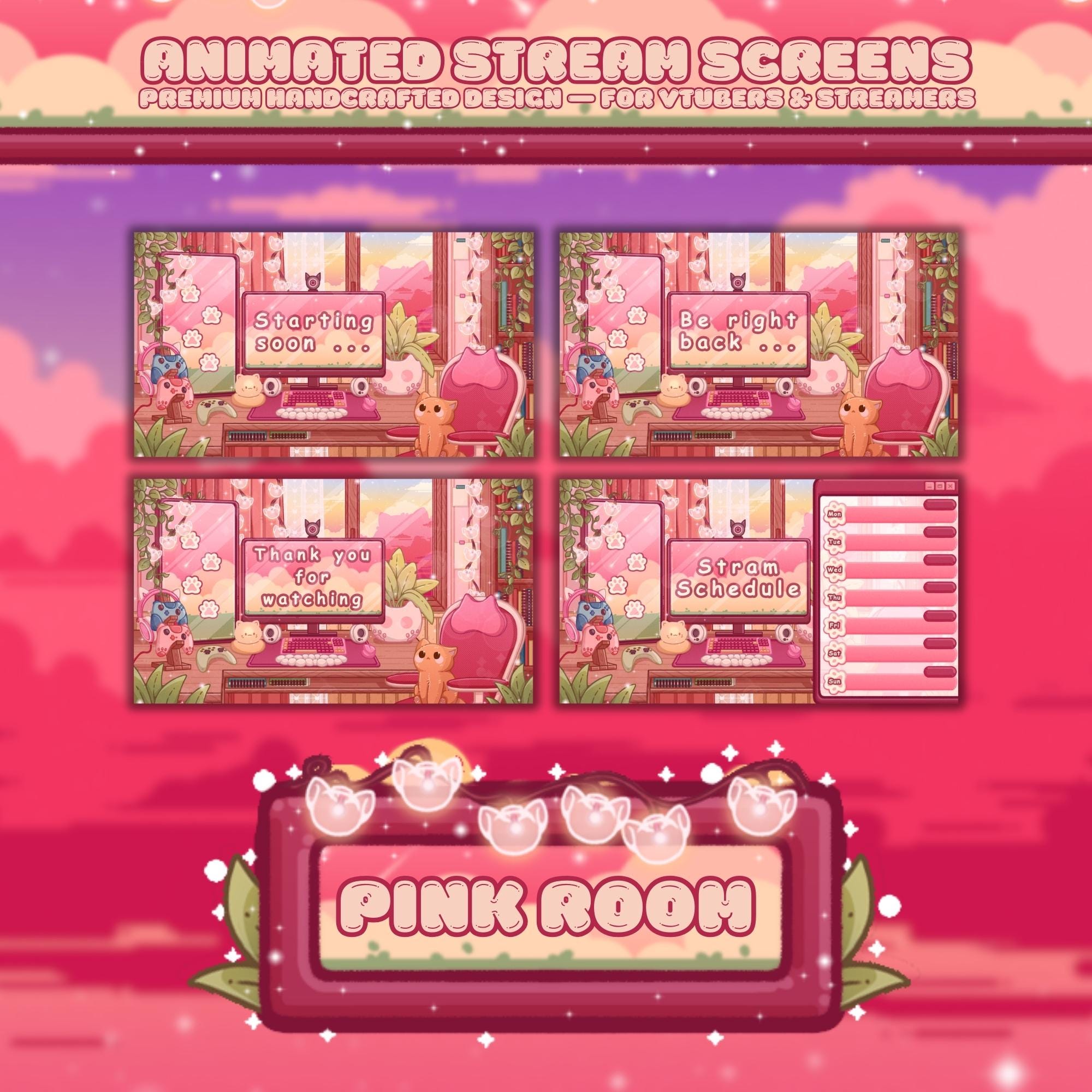Animated Stream Screens in Cozy Pink Lofi Theme