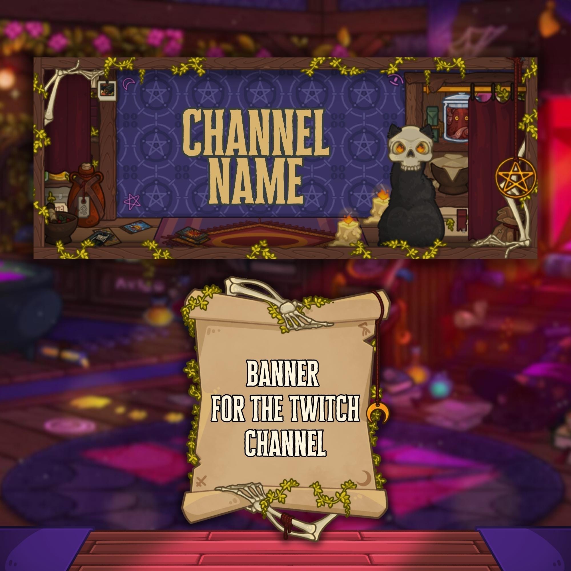 Twitch Panels & Banner Pack in Cozy Witch Style for Streamers & VTubers