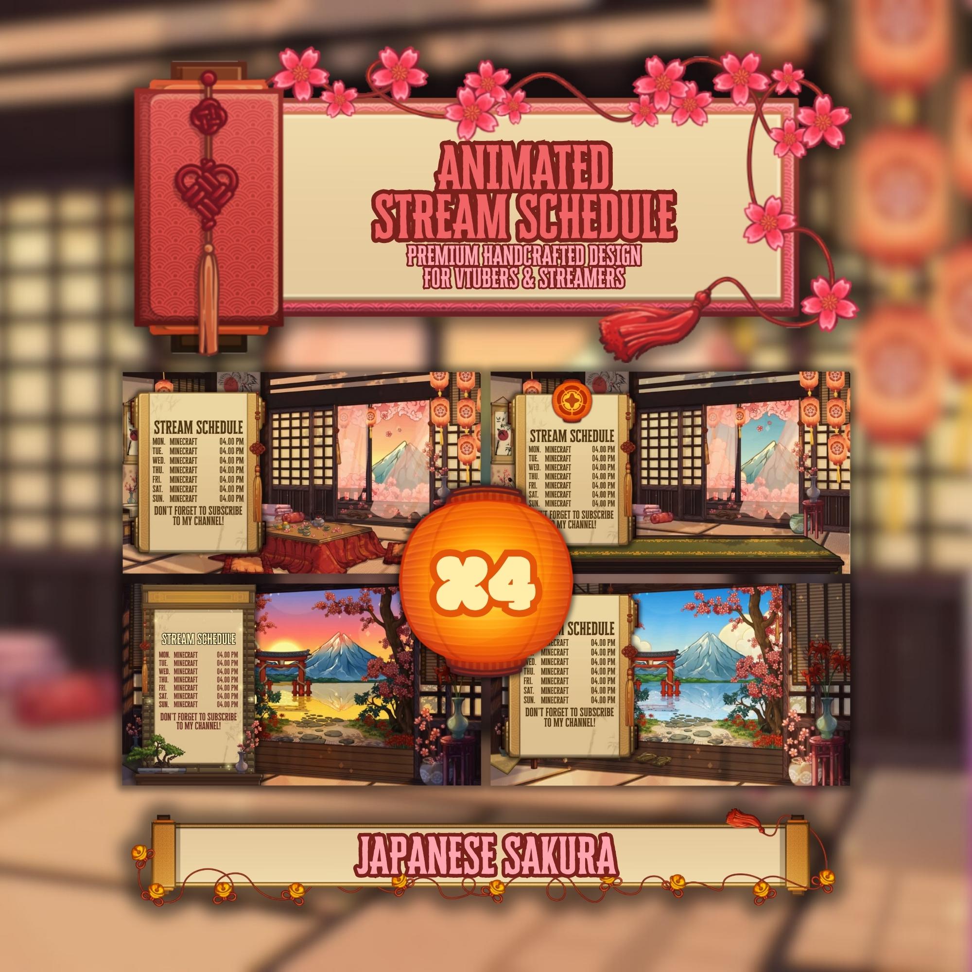 Animated Stream Schedule in Japanese Sakura Theme, Customizable Templates