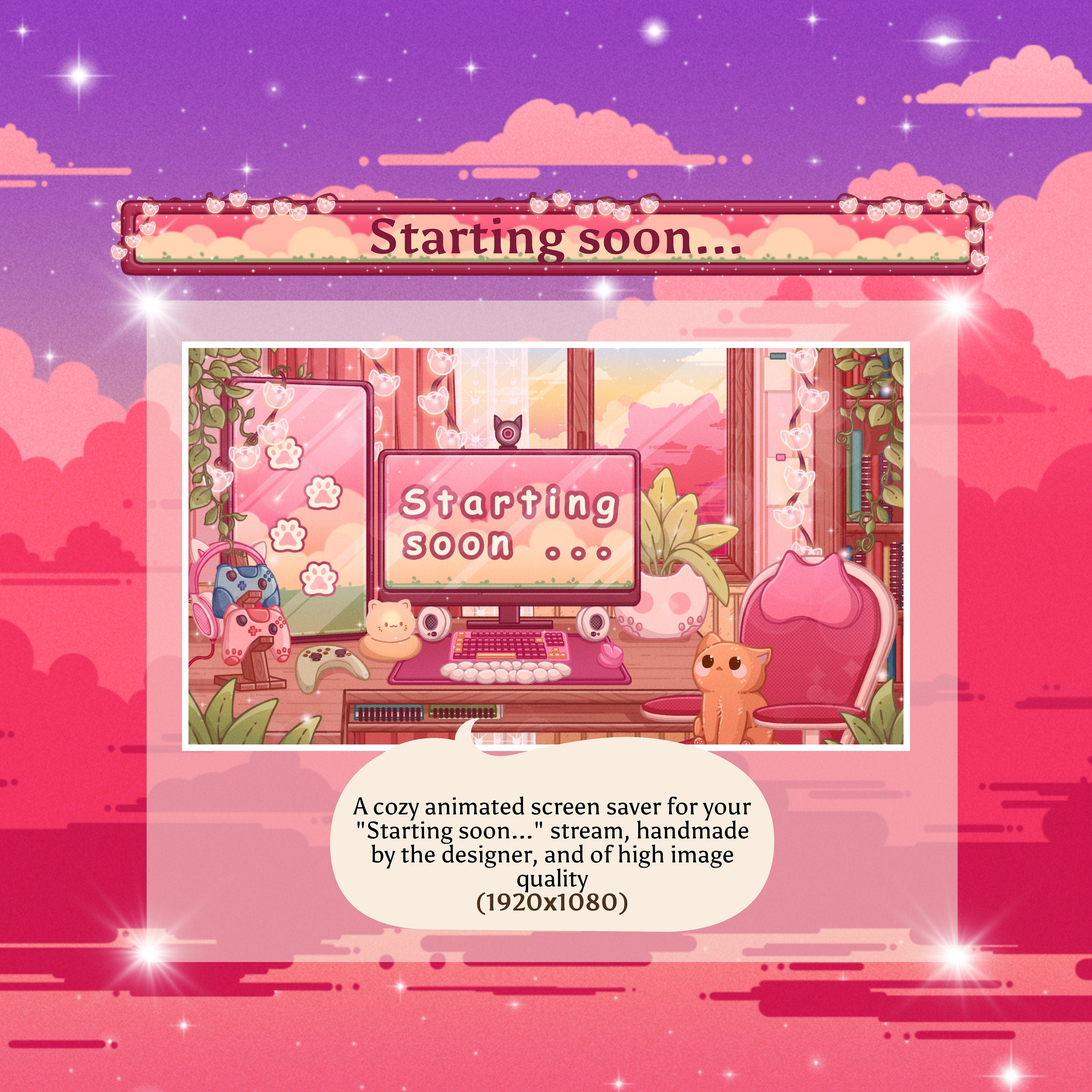 Animated Stream Screens in Cozy Pink Lofi Theme