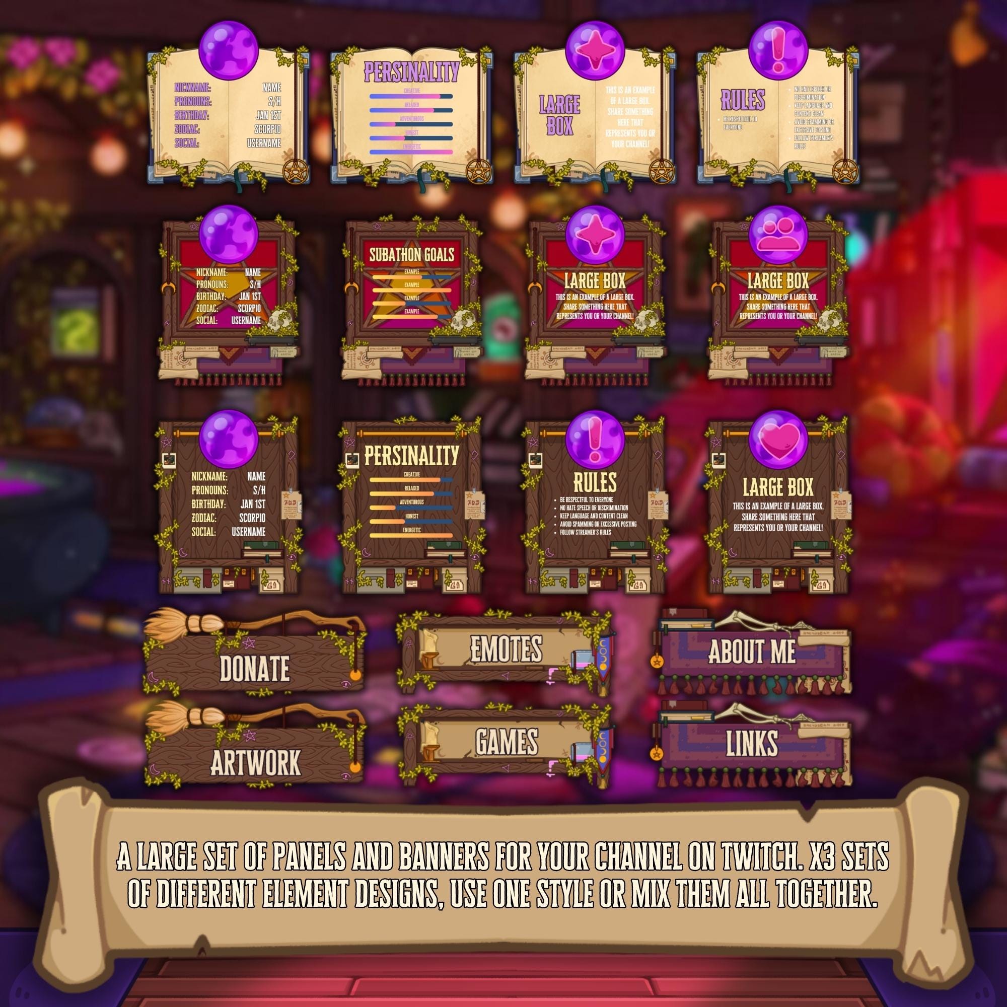 Twitch Panels & Banner Pack in Cozy Witch Style for Streamers & VTubers