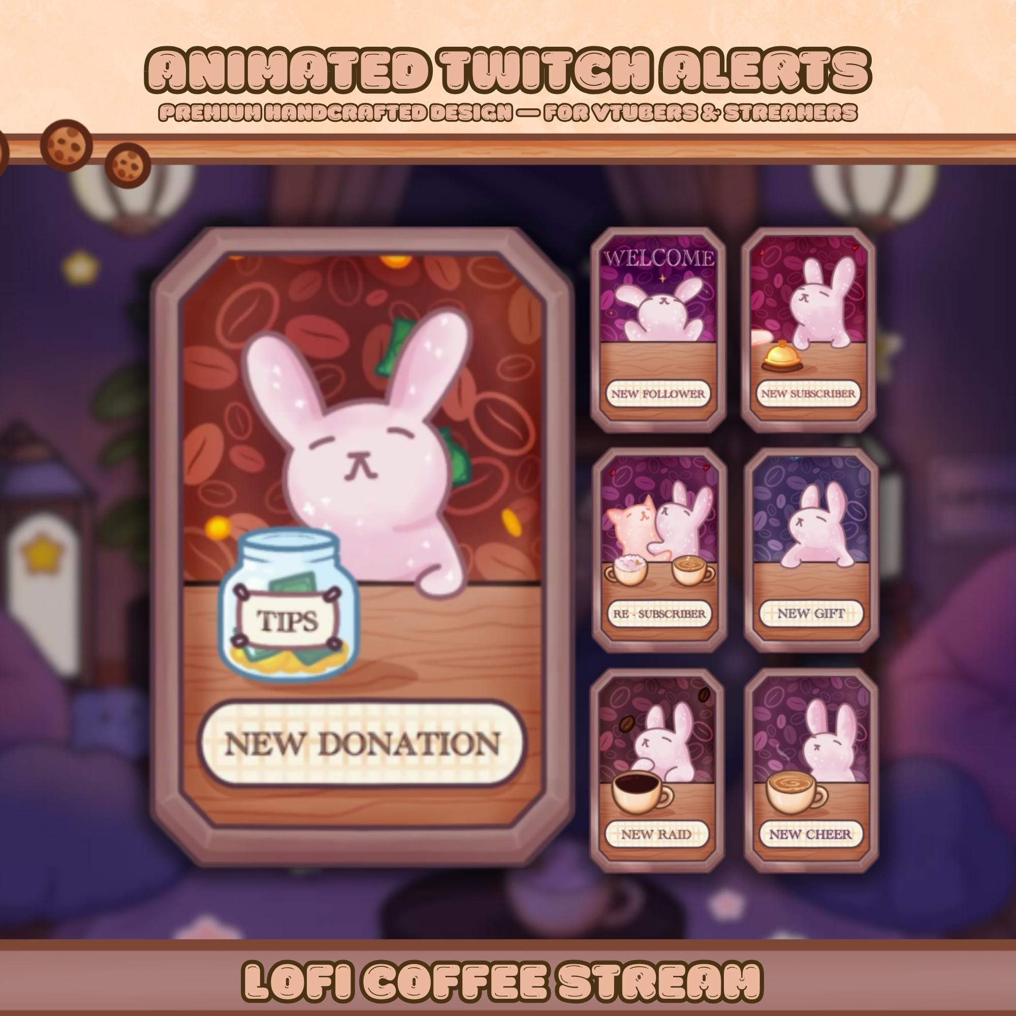 Animated Stream Alerts Pack in Coffee Bunny Theme