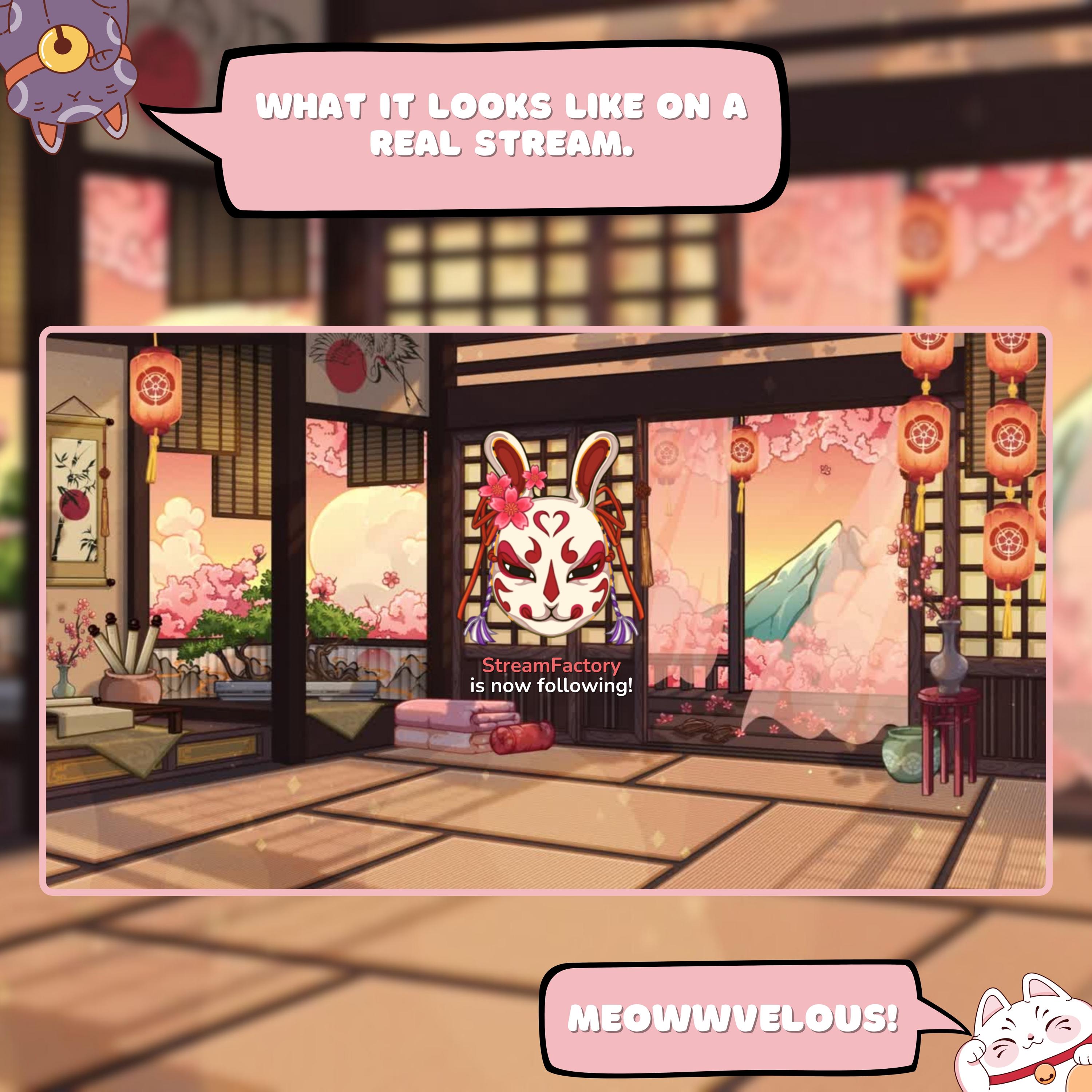 Animated Twitch Alerts Set - Cute Japanese masks: Cozy Pack for New Follower, Donation, Raid | Kawaii Stream Alerts