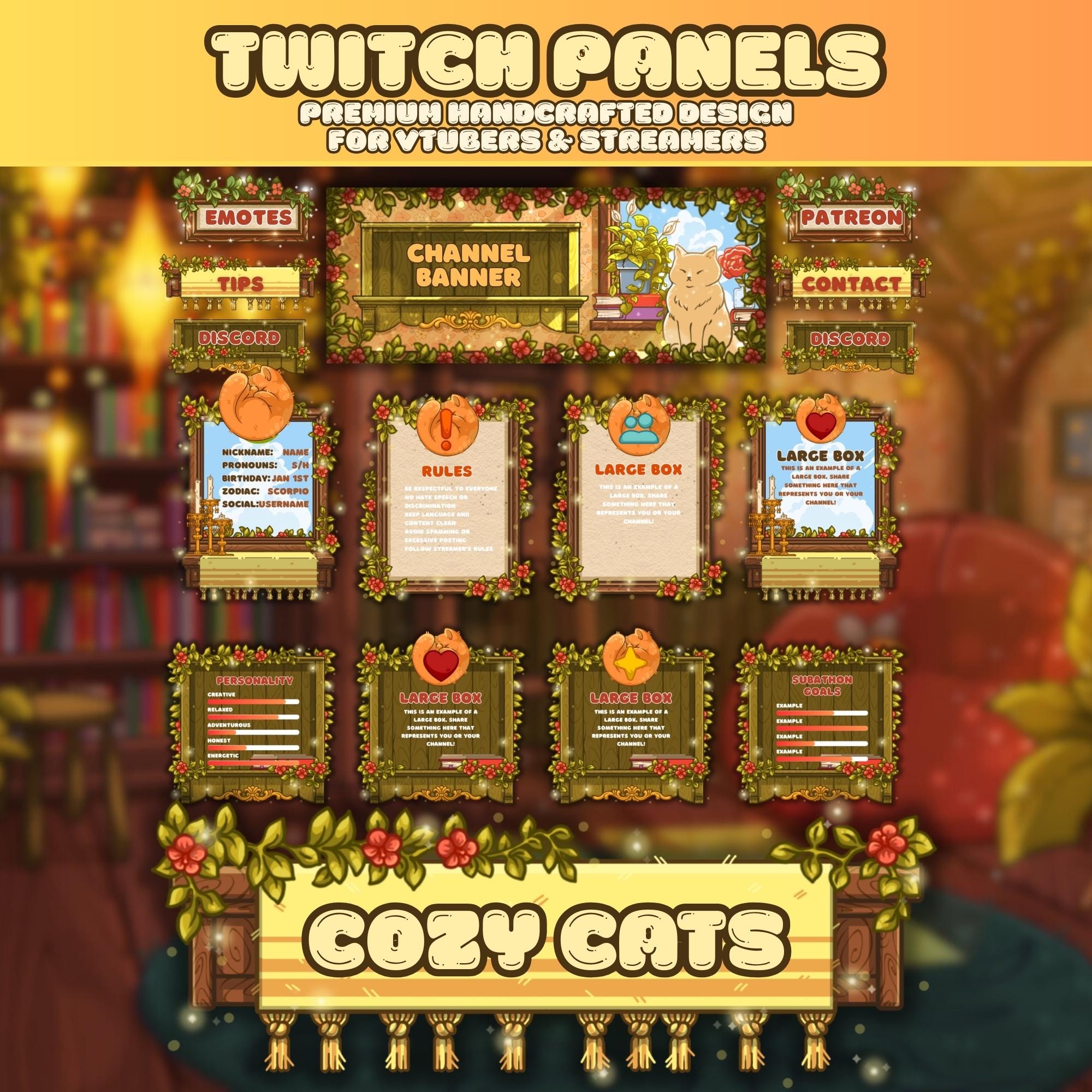 Twitch Panels & Banner Pack: Cozy Cats Style for Streamers & VTubers