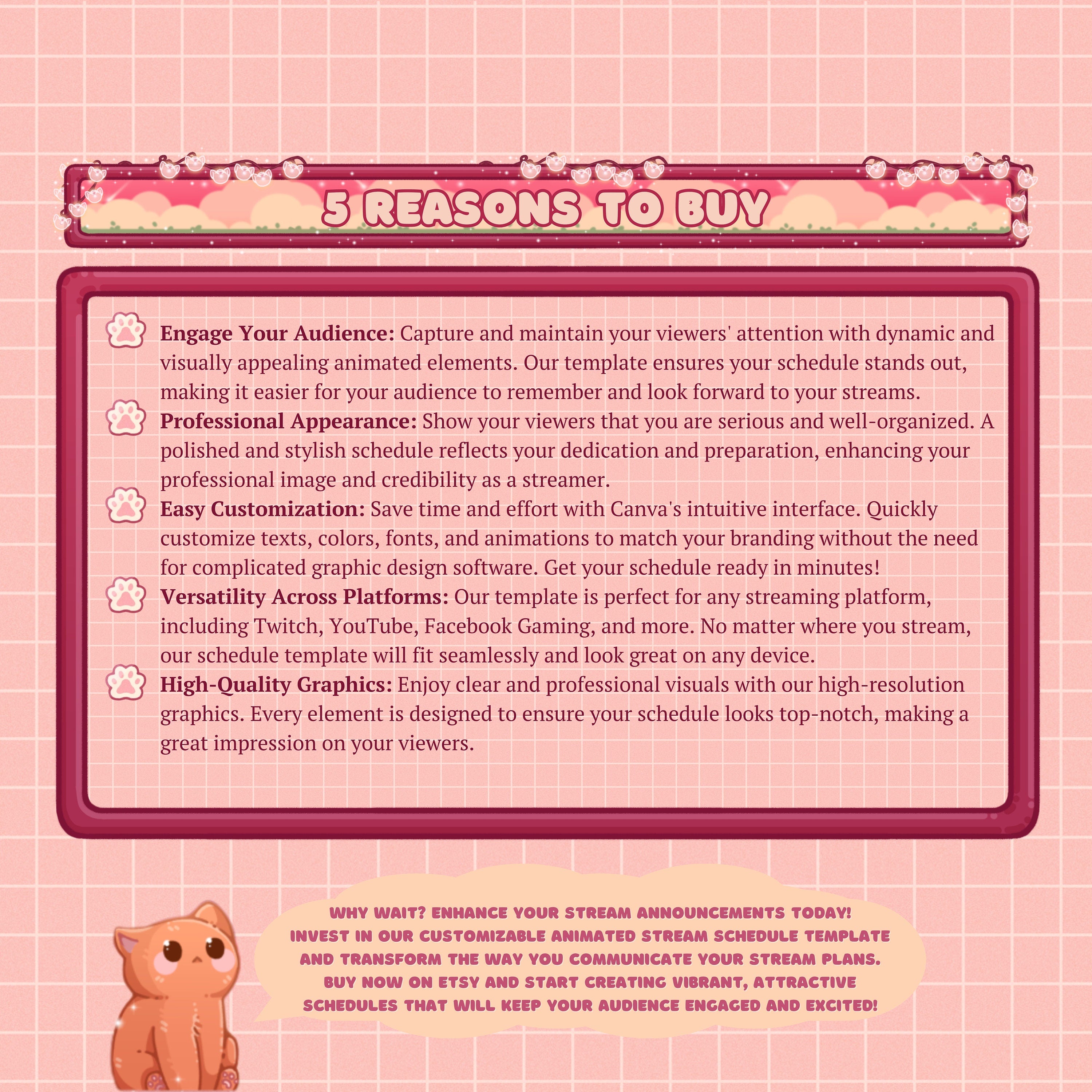 Animated Stream Schedule in Pink Lofi Theme, Customizable Templates