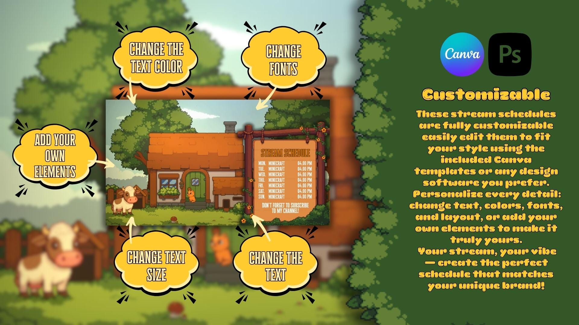 Animated Stream Schedule: Cozy Pixel Farm, Customizable Templates