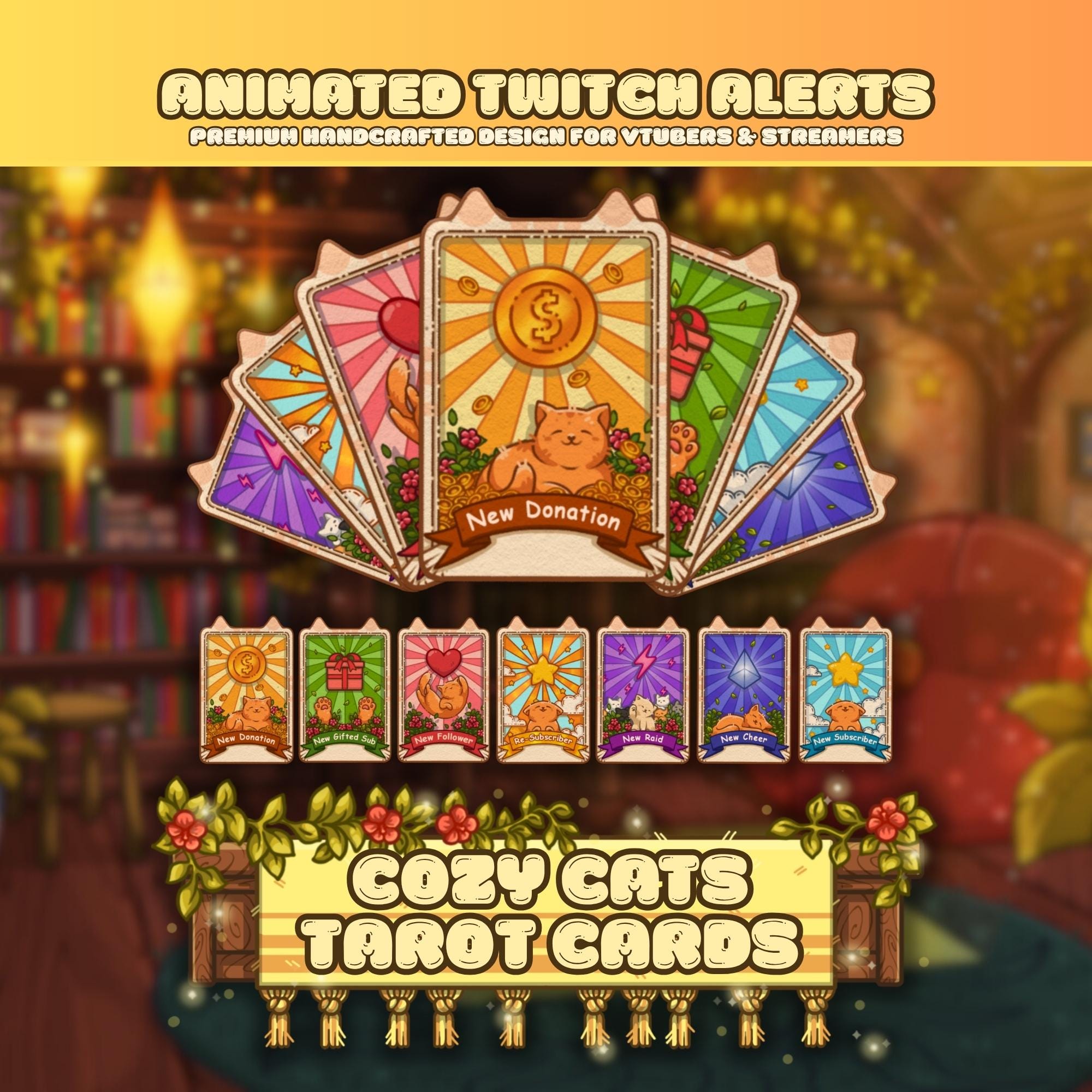 Animated Twitch Alerts Pack - Cozy Cats Tarot Cards