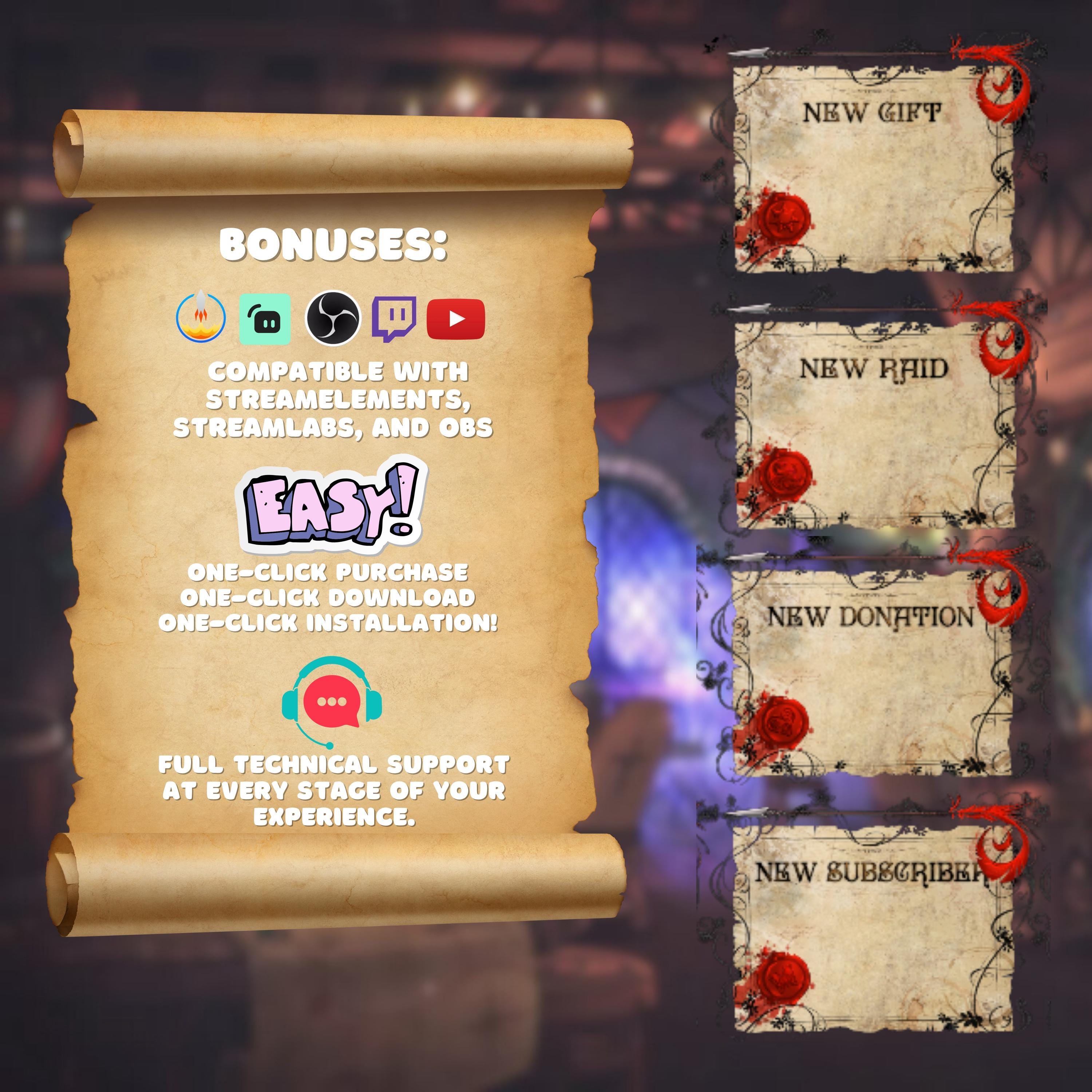 Animated Stream Alerts Pack in Medieval Fantasy Tavern Theme